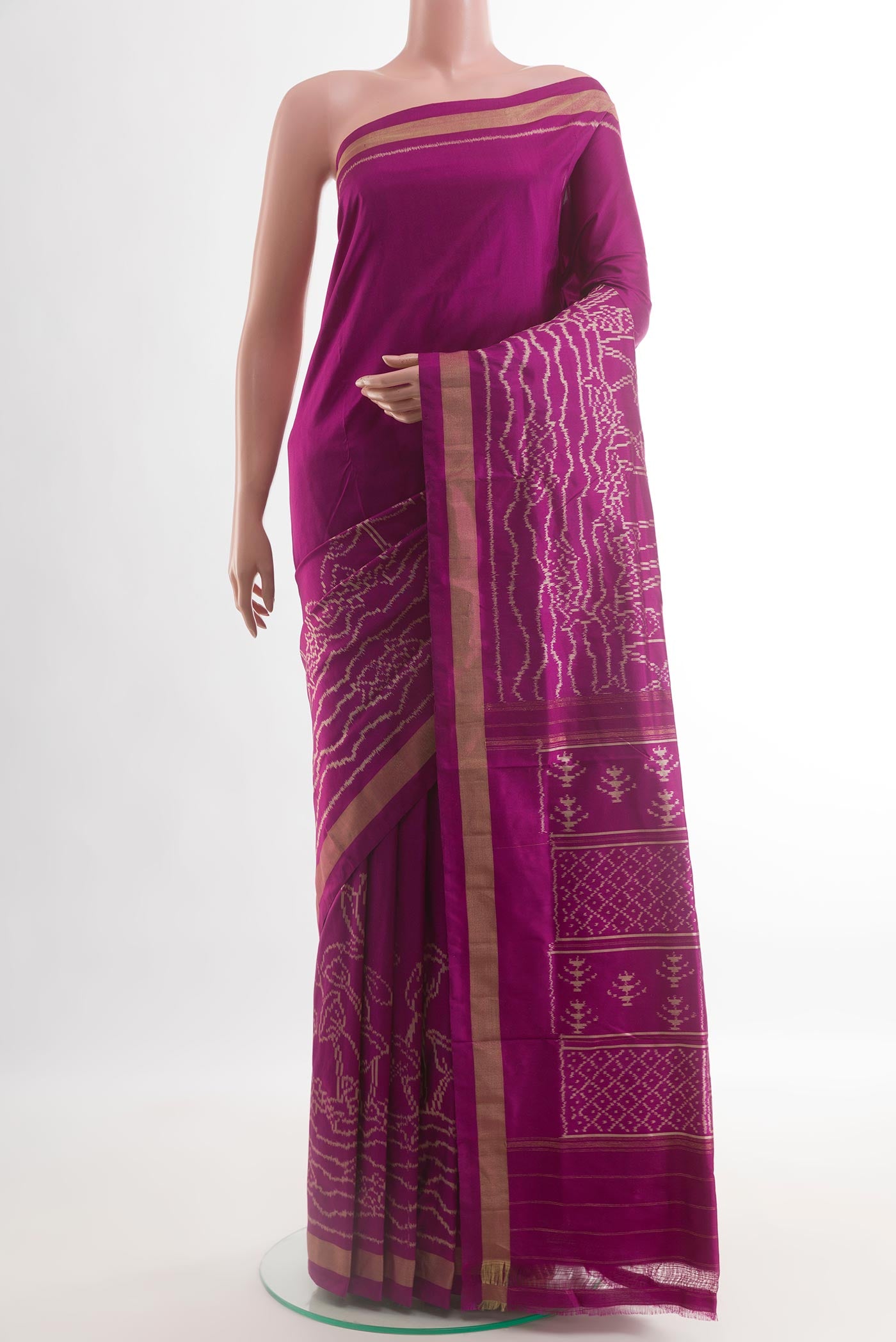Purple Pochampally Silk Saree with Pure Ikat on the body and Zari Border.  displayed on a mannequin