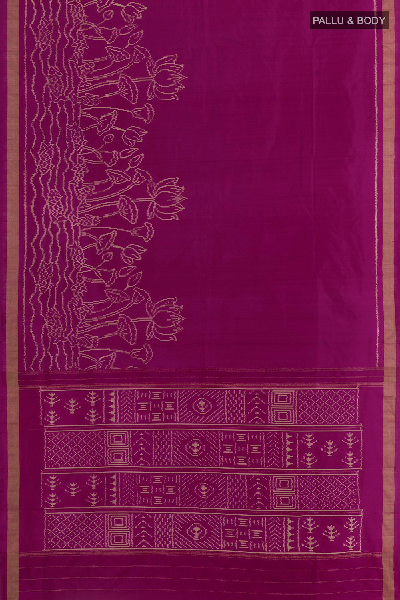 Flat view of Purple Pochampally Silk Saree with Pure Ikat on the body and Zari Border. 