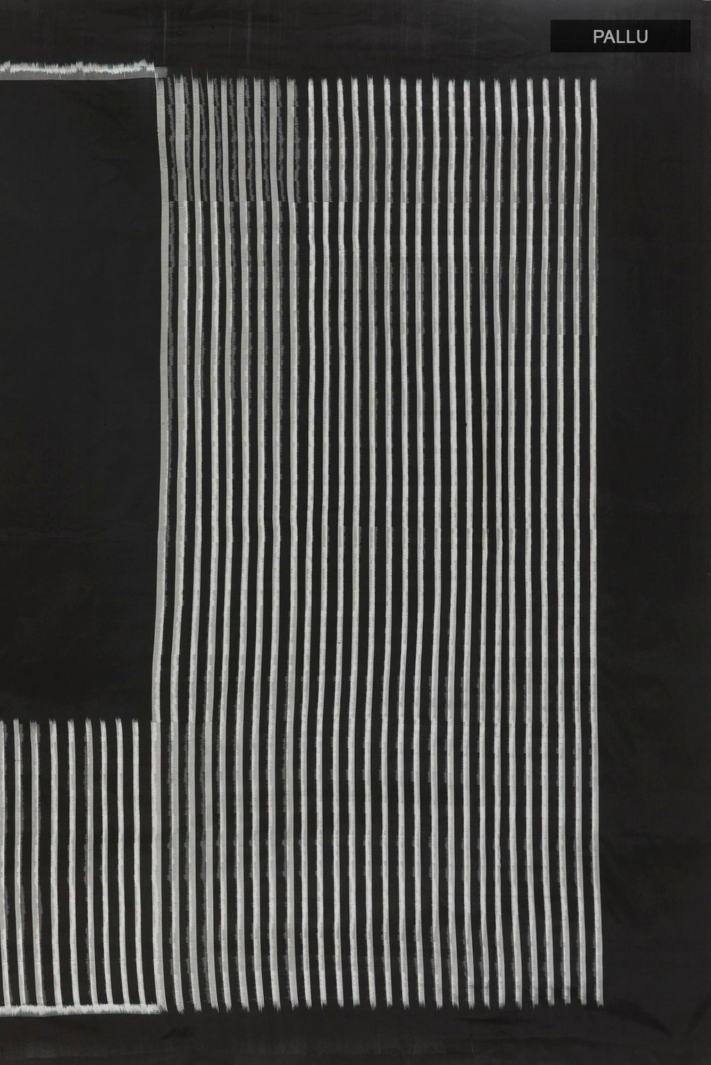 Close up image of the pallu of Black Pochampally Silk Saree with Stripes on the body and Plain Border. 