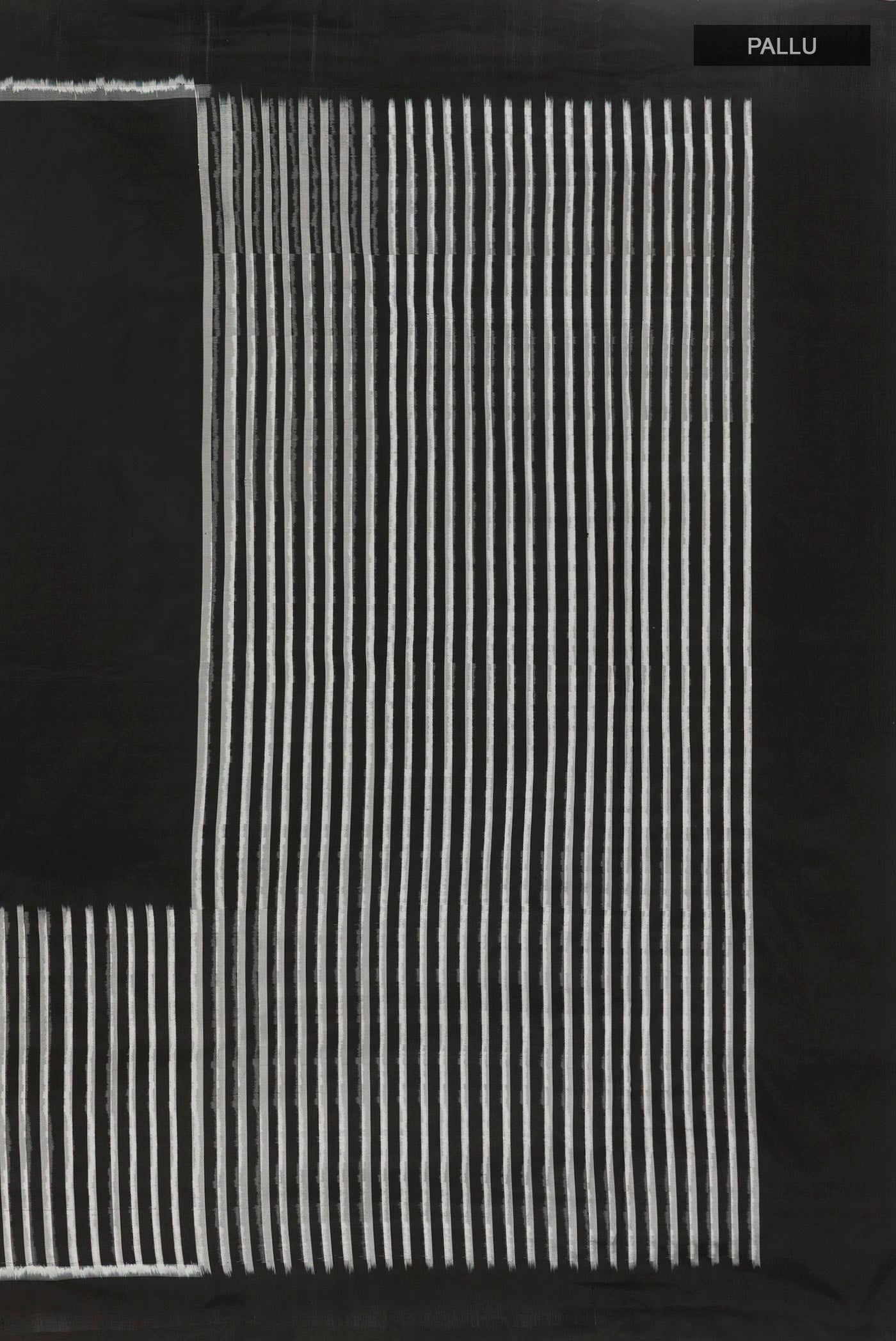 Close up image of the pallu of Black Pochampally Silk Saree with Stripes on the body and Plain Border. 
