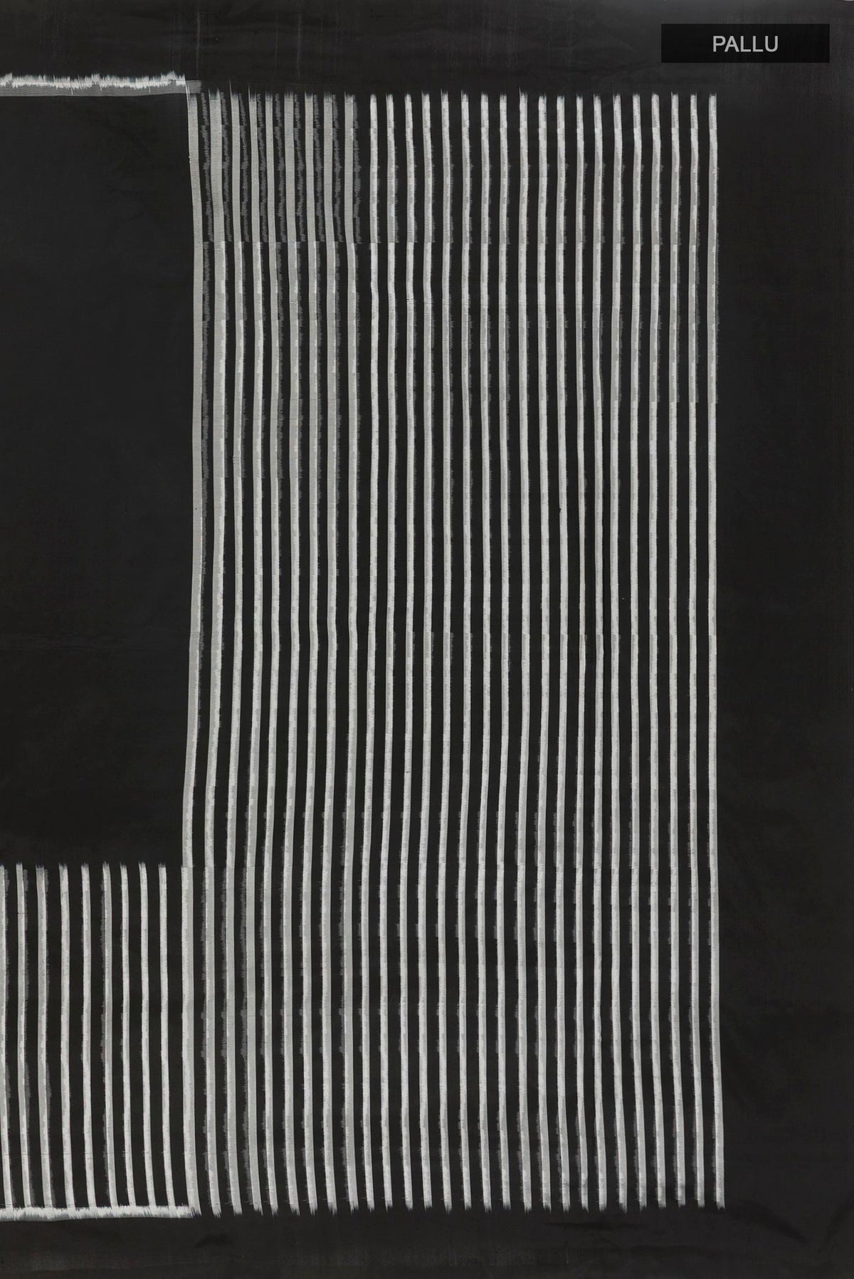 Close up image of the pallu of Black Pochampally Silk Saree with Stripes on the body and Plain Border. 