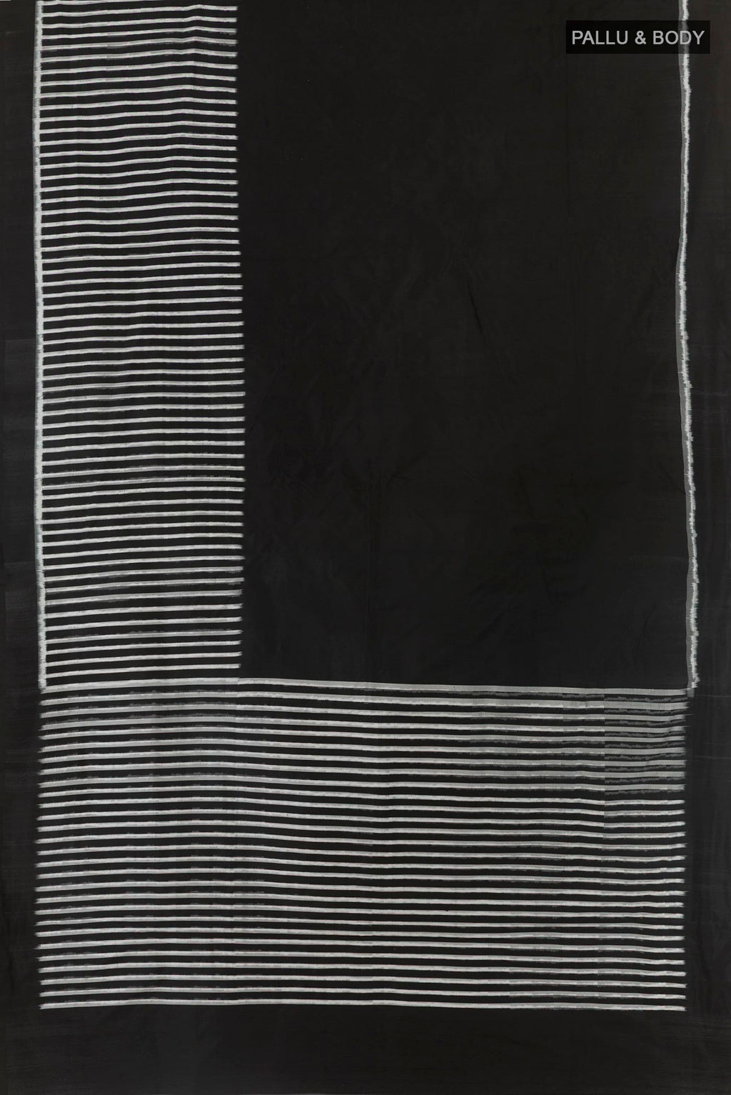 Flat view of Black Pochampally Silk Saree with Stripes on the body and Plain Border. 