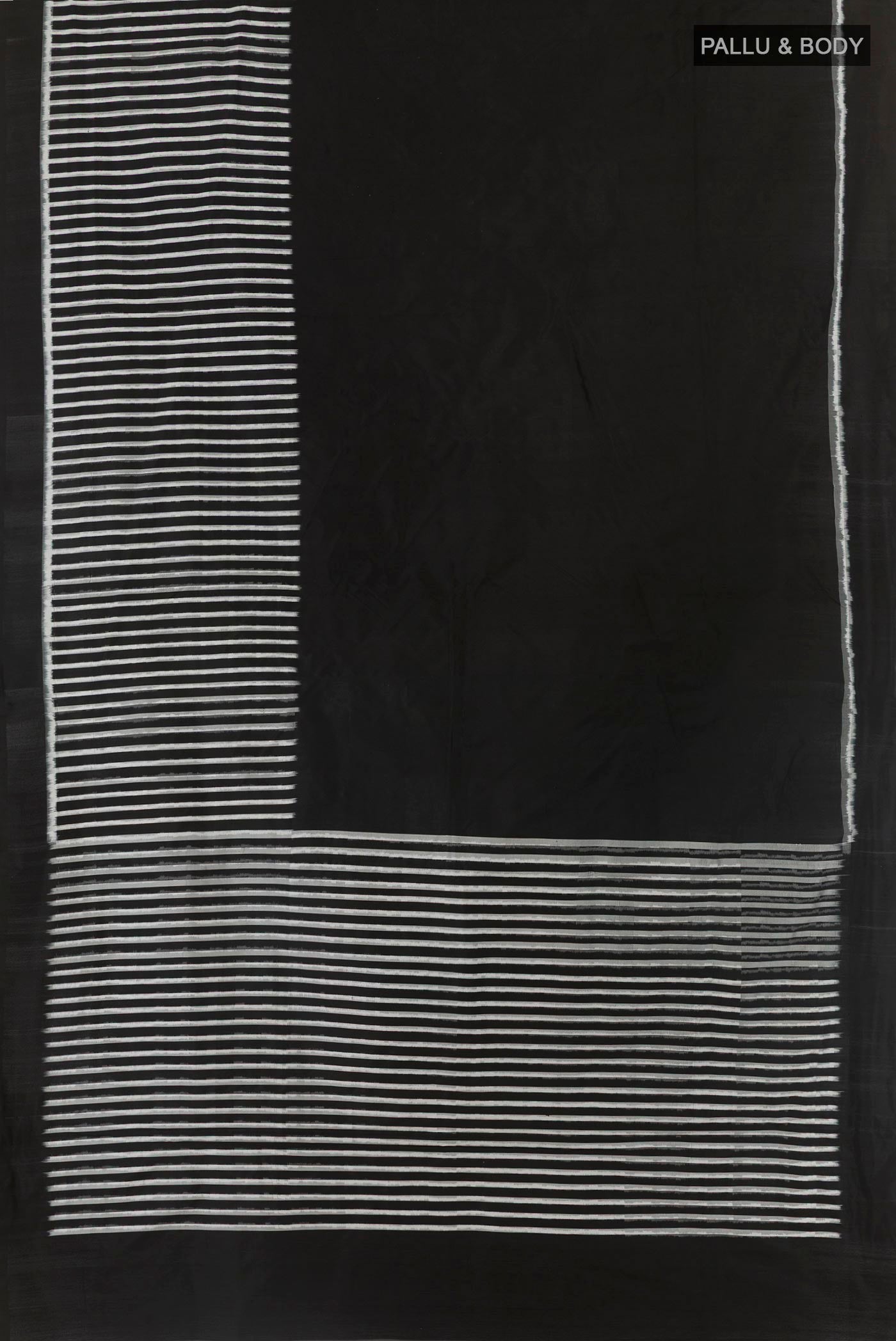Flat view of Black Pochampally Silk Saree with Stripes on the body and Plain Border. 
