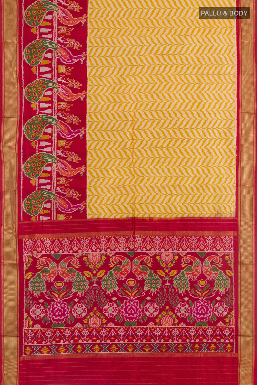 Flat view of Yellow Pochampally Silk Saree with Pure Ikat on the body and Ikat Border. 