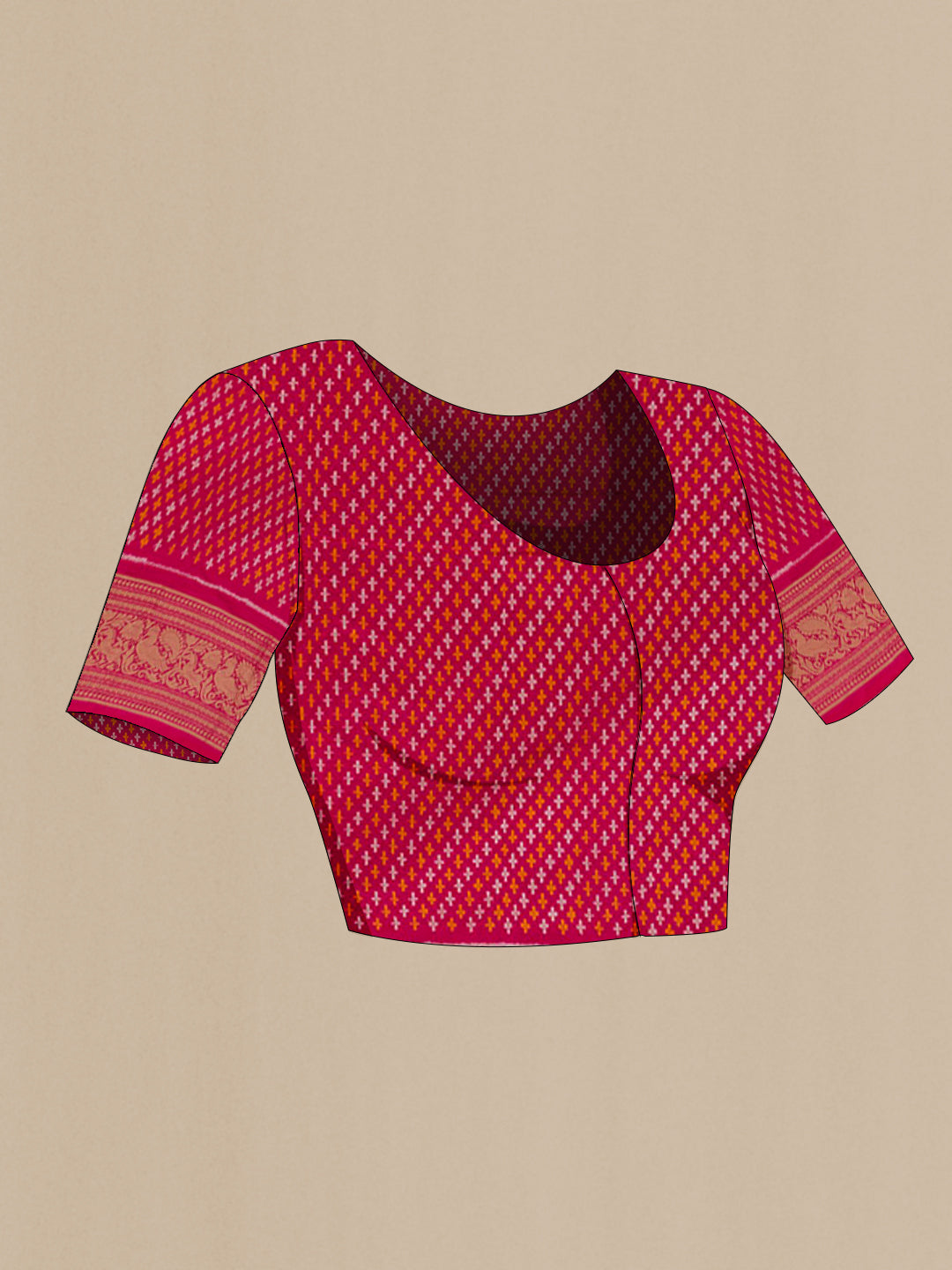 Close up image of the blouse of Pink Pochampally Silk Saree with Ikat design on the body and Zari Border. 