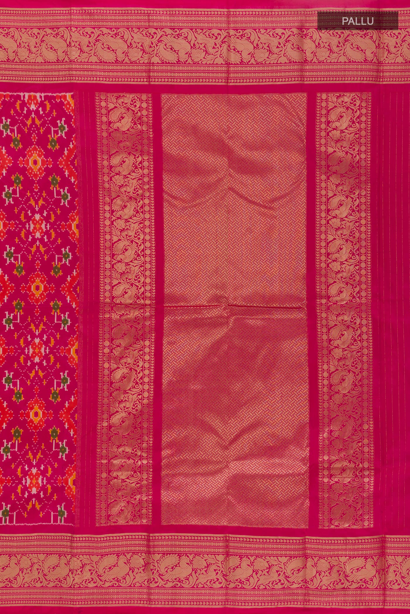 Close up image of the pallu of Pink Pochampally Silk Saree with Ikat design on the body and Zari Border. 