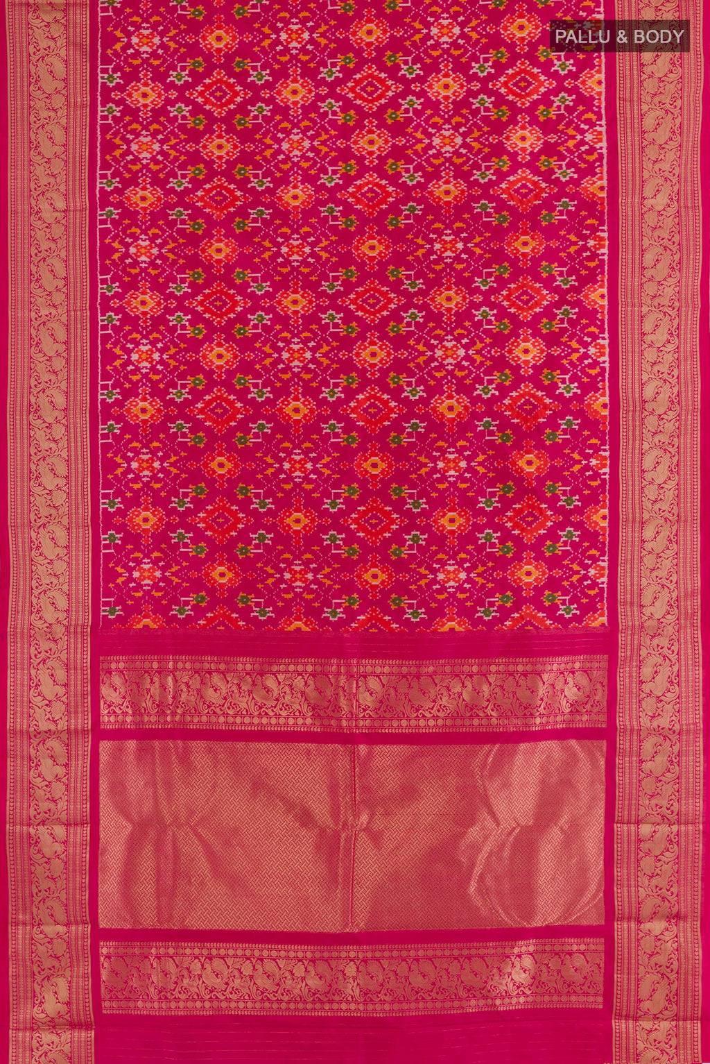 Flat view of Pink Pochampally Silk Saree with Ikat design on the body and Zari Border. 