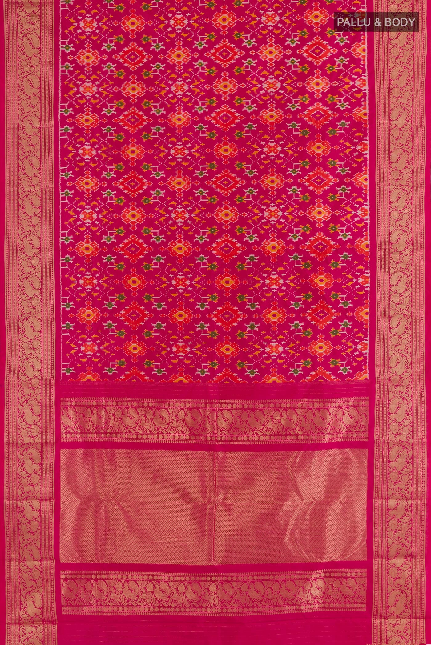 Flat view of Pink Pochampally Silk Saree with Ikat design on the body and Zari Border. 