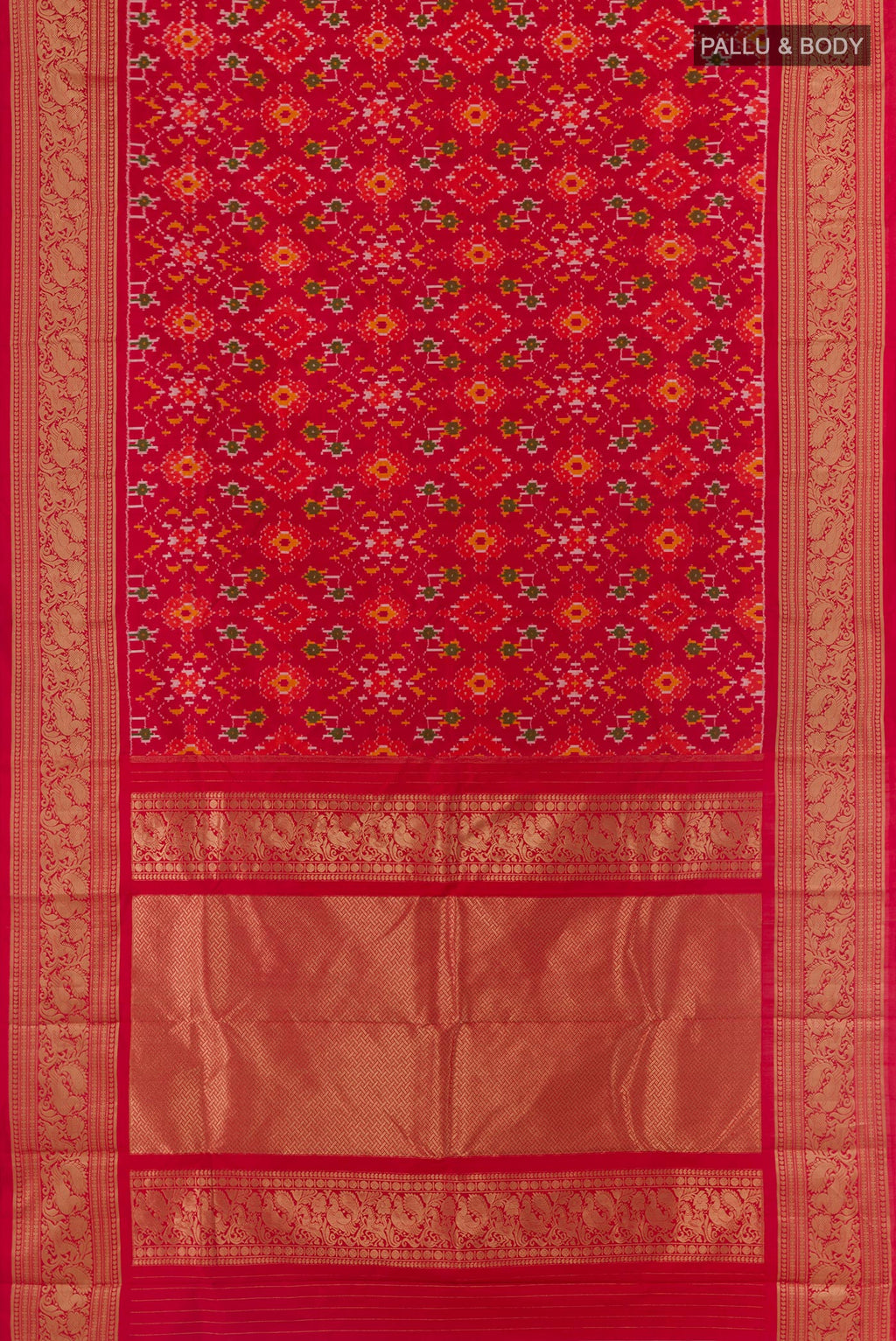 Flat view of Red Pochampally Silk Saree with Pure Ikat on the body and Zari Border. 