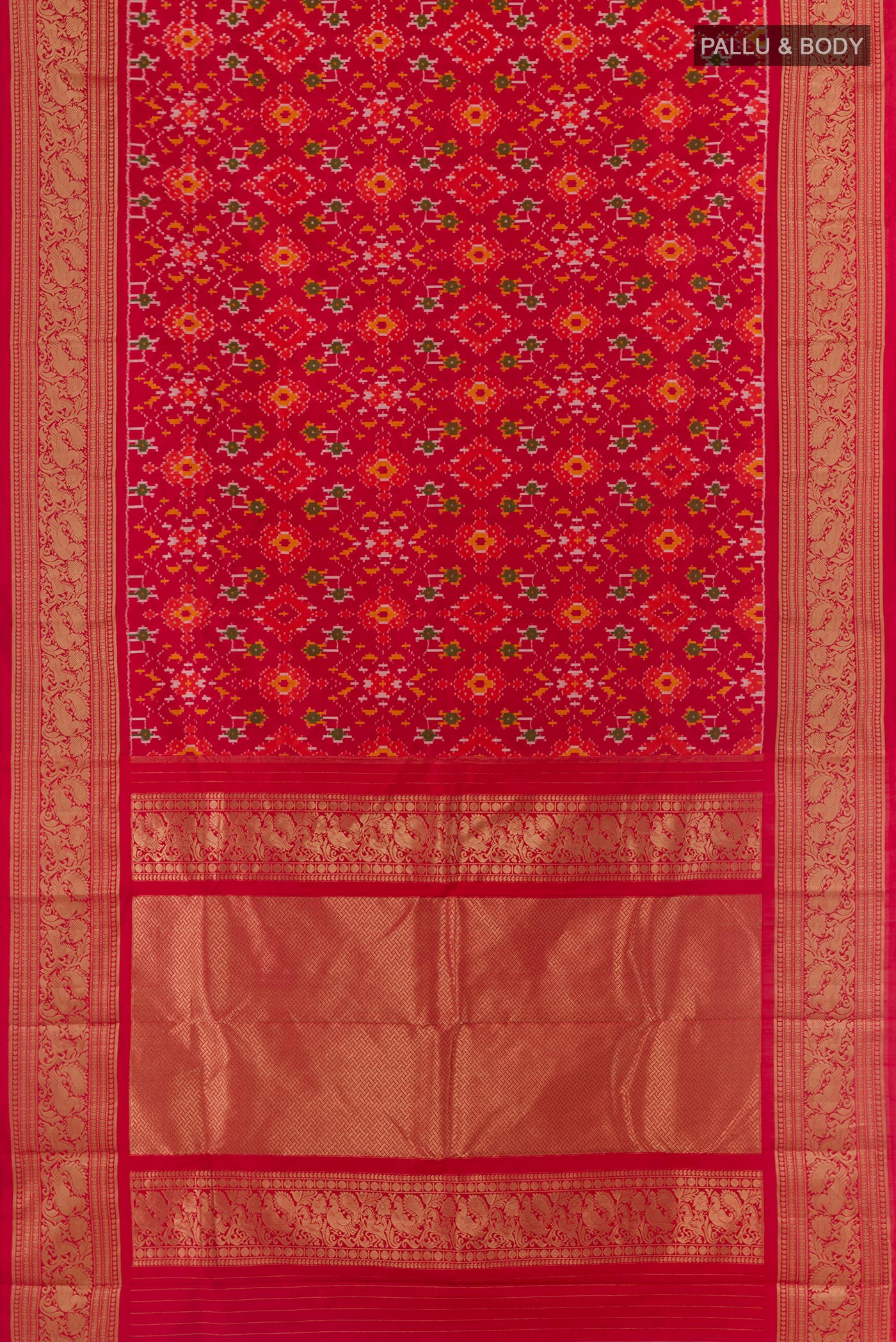 Flat view of Red Pochampally Silk Saree with Pure Ikat on the body and Zari Border. 