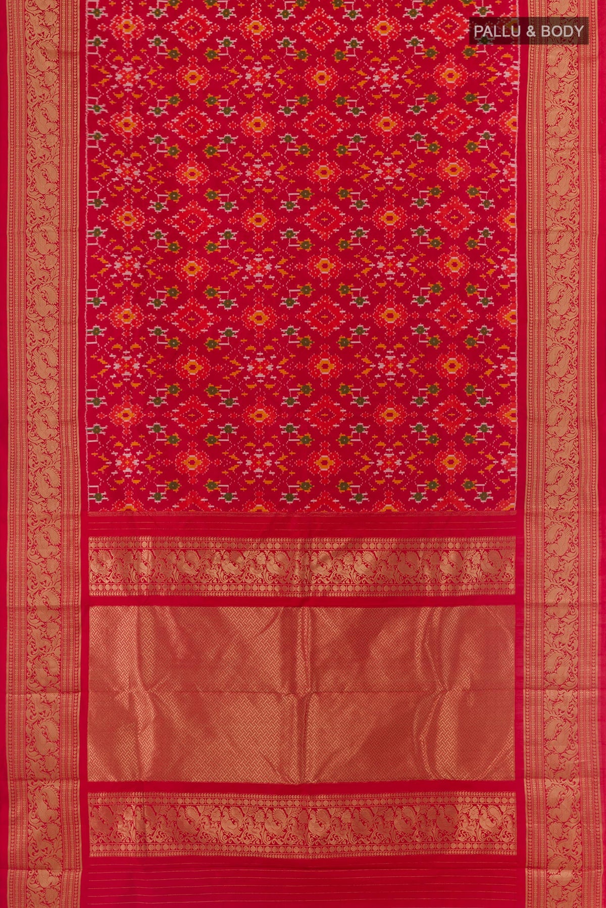 Flat view of Red Pochampally Silk Saree with Pure Ikat on the body and Zari Border. 
