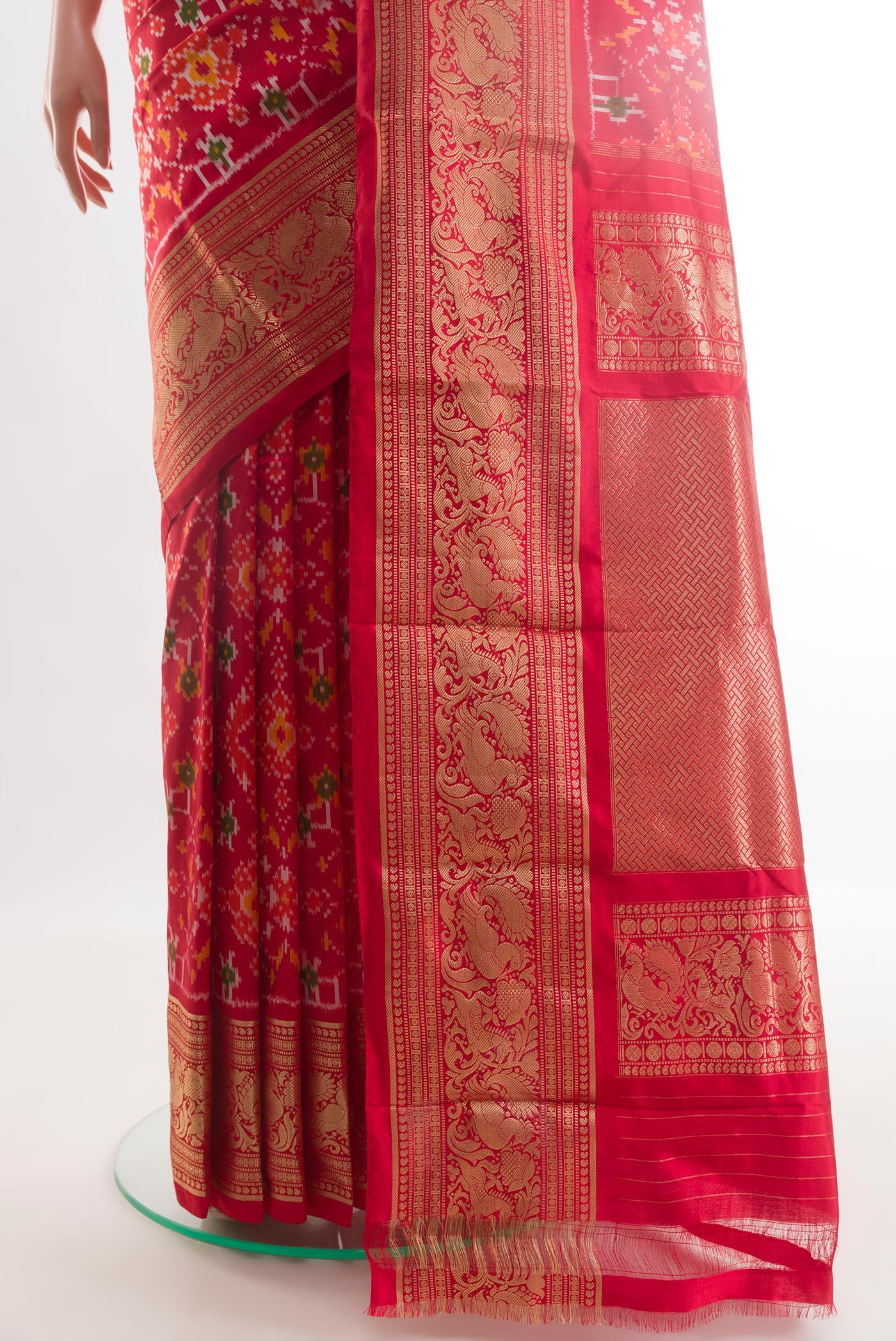 Pleats and pallu of Red Pochampally Silk Saree with Pure Ikat on the body and Zari Border. 