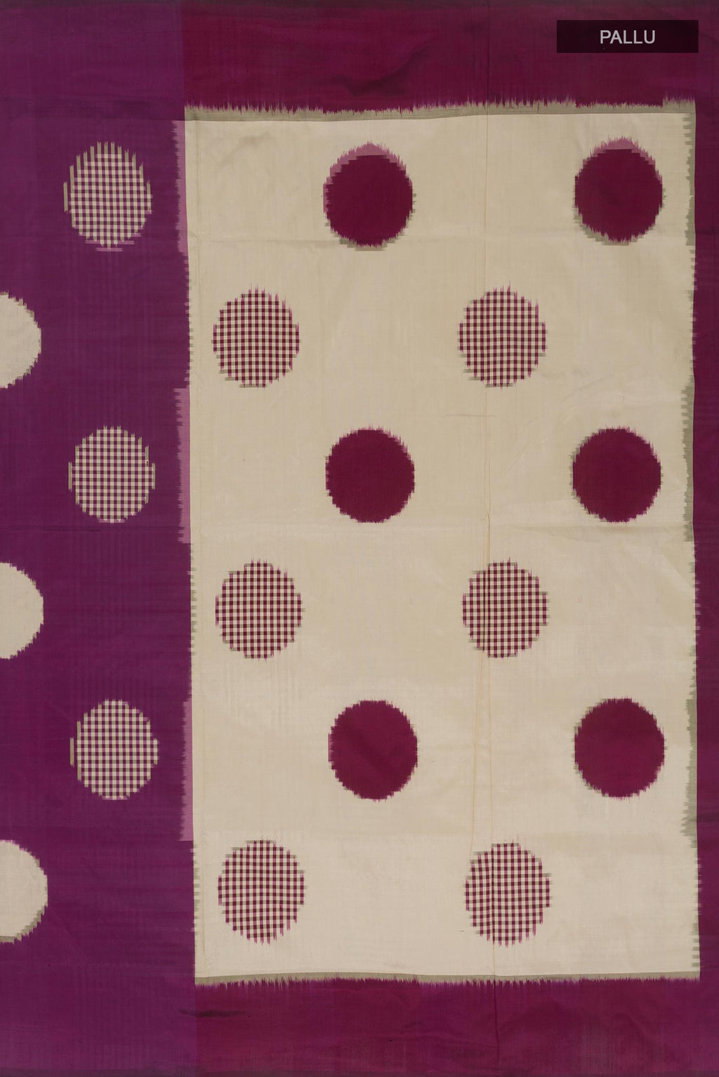 Close up image of the pallu of Purple Pochampally Silk Saree with Pure Ikat on the body and Without Border. 
