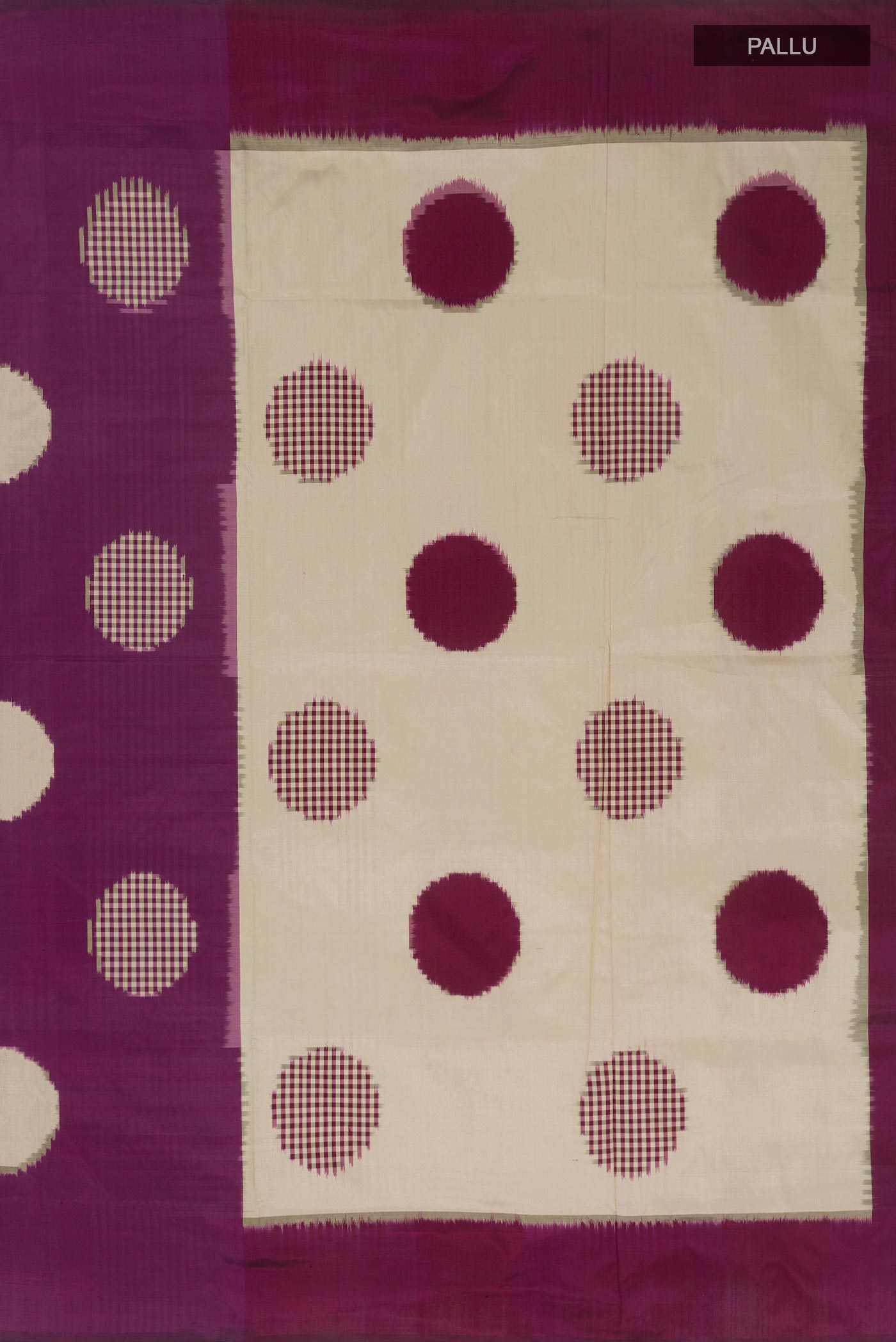 Close up image of the pallu of Purple Pochampally Silk Saree with Pure Ikat on the body and Without Border. 
