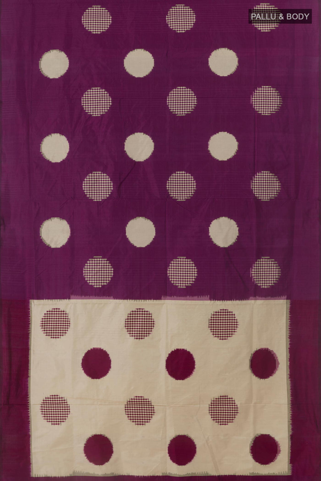 Flat view of Purple Pochampally Silk Saree with Pure Ikat on the body and Without Border. 