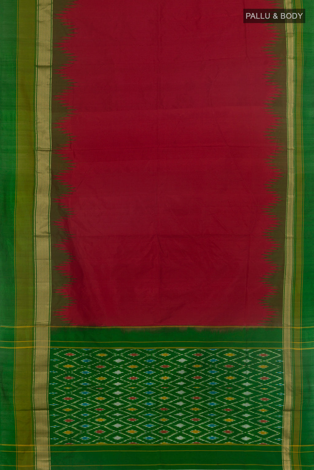 Flat view of Maroon Pochampally Silk Saree with Plain Body and Zari Border. 