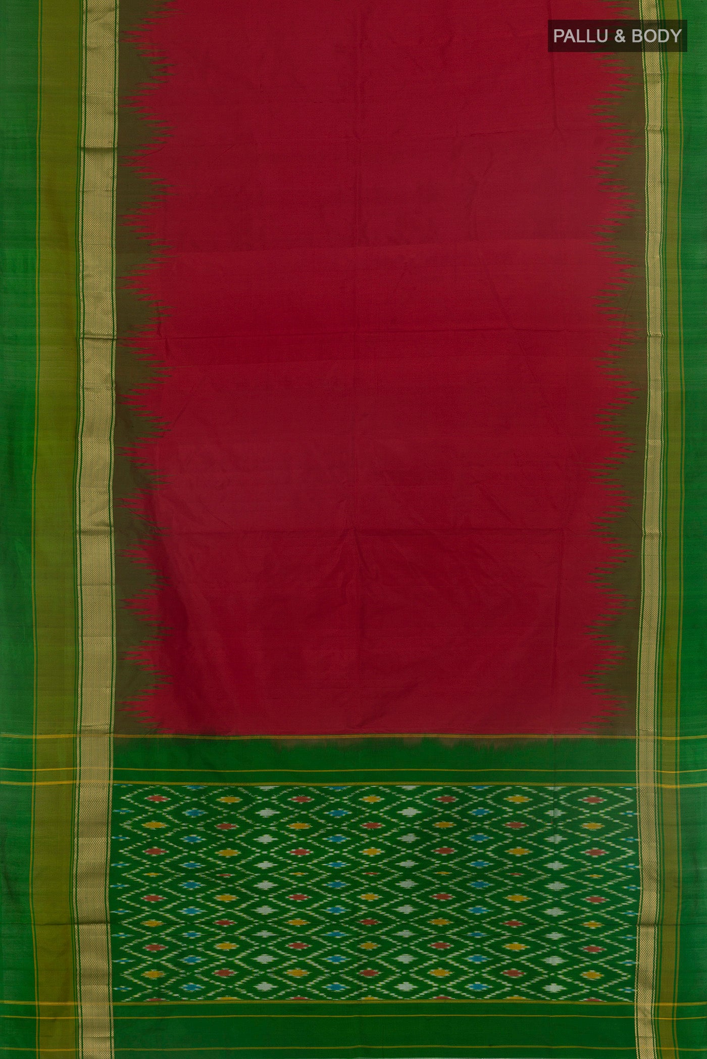 Flat view of Maroon Pochampally Silk Saree with Plain Body and Zari Border. 