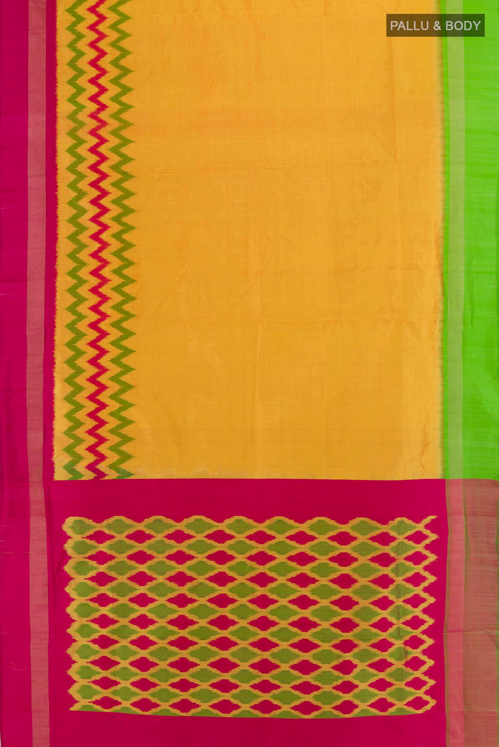 Flat view of Yellow Pochampally Silk Saree with Pure Ikat on the body and Ganga Jamuna Border. 