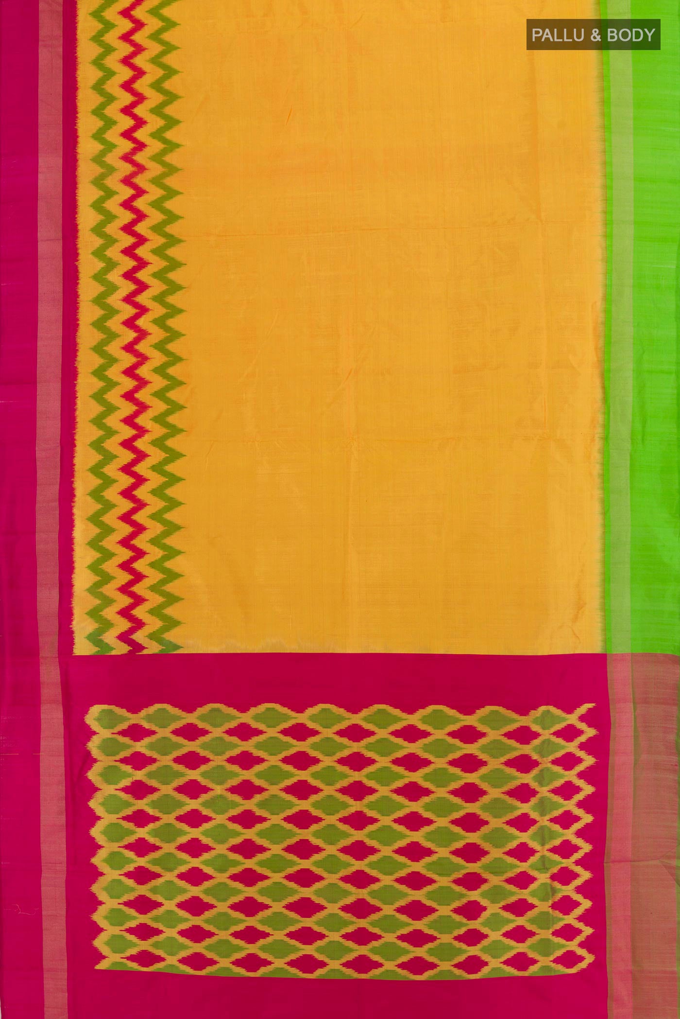 Flat view of Yellow Pochampally Silk Saree with Pure Ikat on the body and Ganga Jamuna Border. 