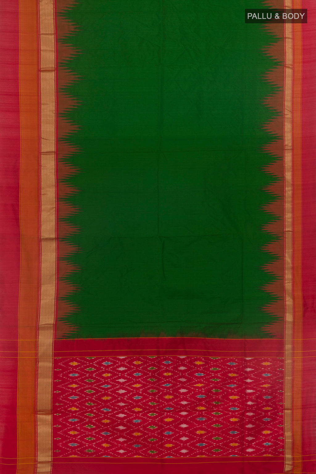 Flat view of Green Pochampally Silk Saree with Plain Body and Zari Border. 