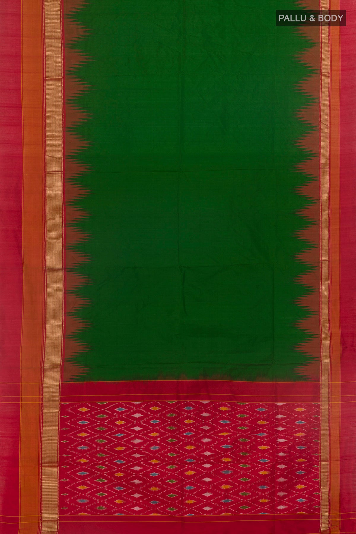 Flat view of Green Pochampally Silk Saree with Plain Body and Zari Border. 