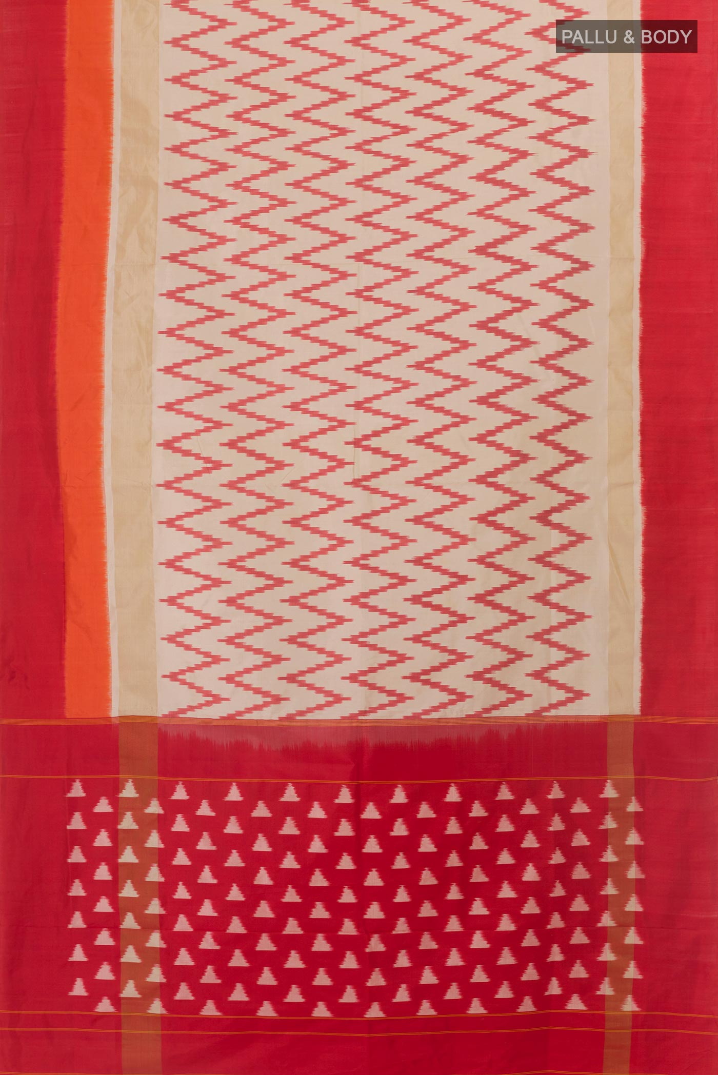 Flat view of Cream Pochampally Silk Saree with Pure Ikat on the body and Plain Border. 