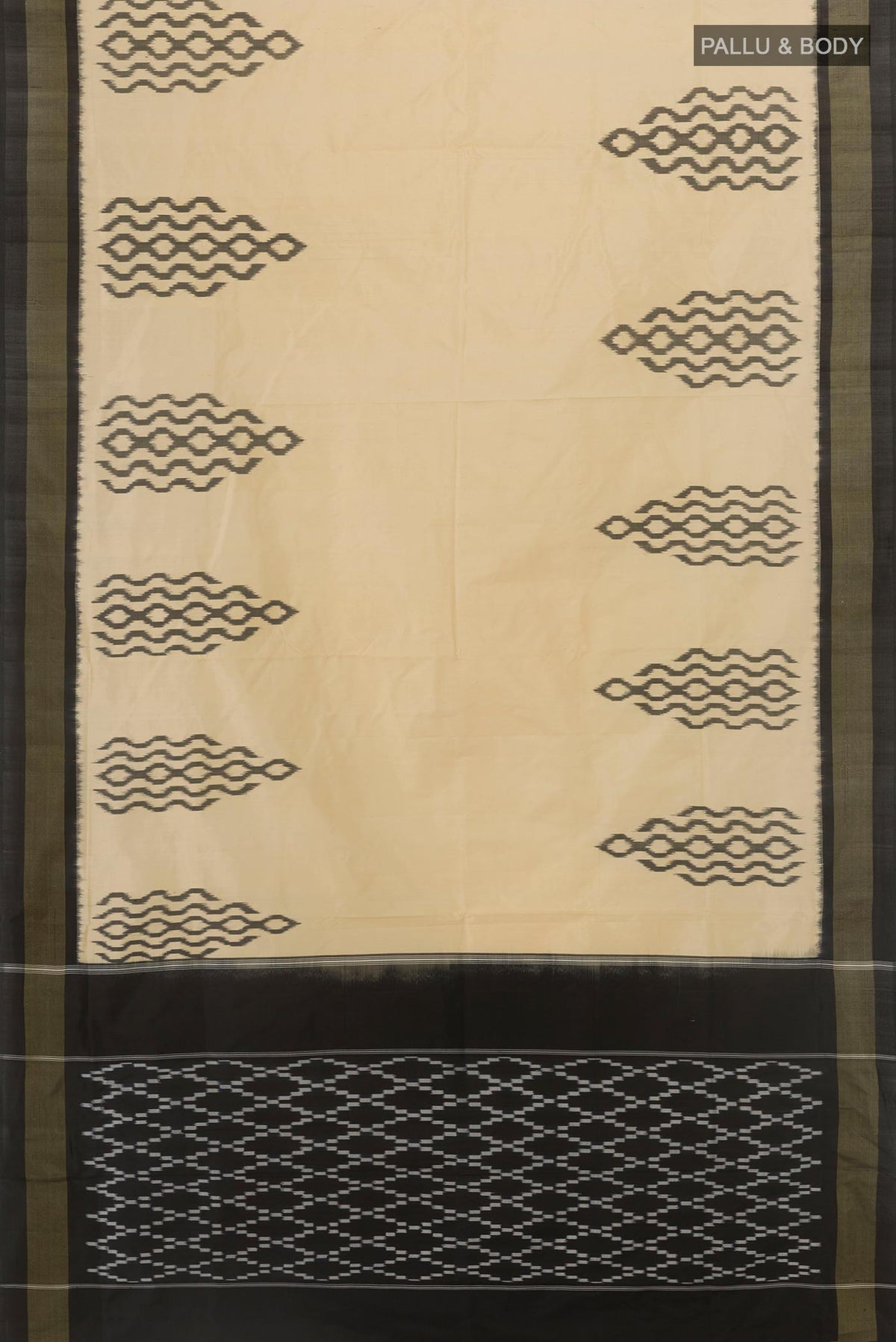 Flat view of Cream Pochampally Silk Saree with Pure Ikat on the body and Ikat Border. 