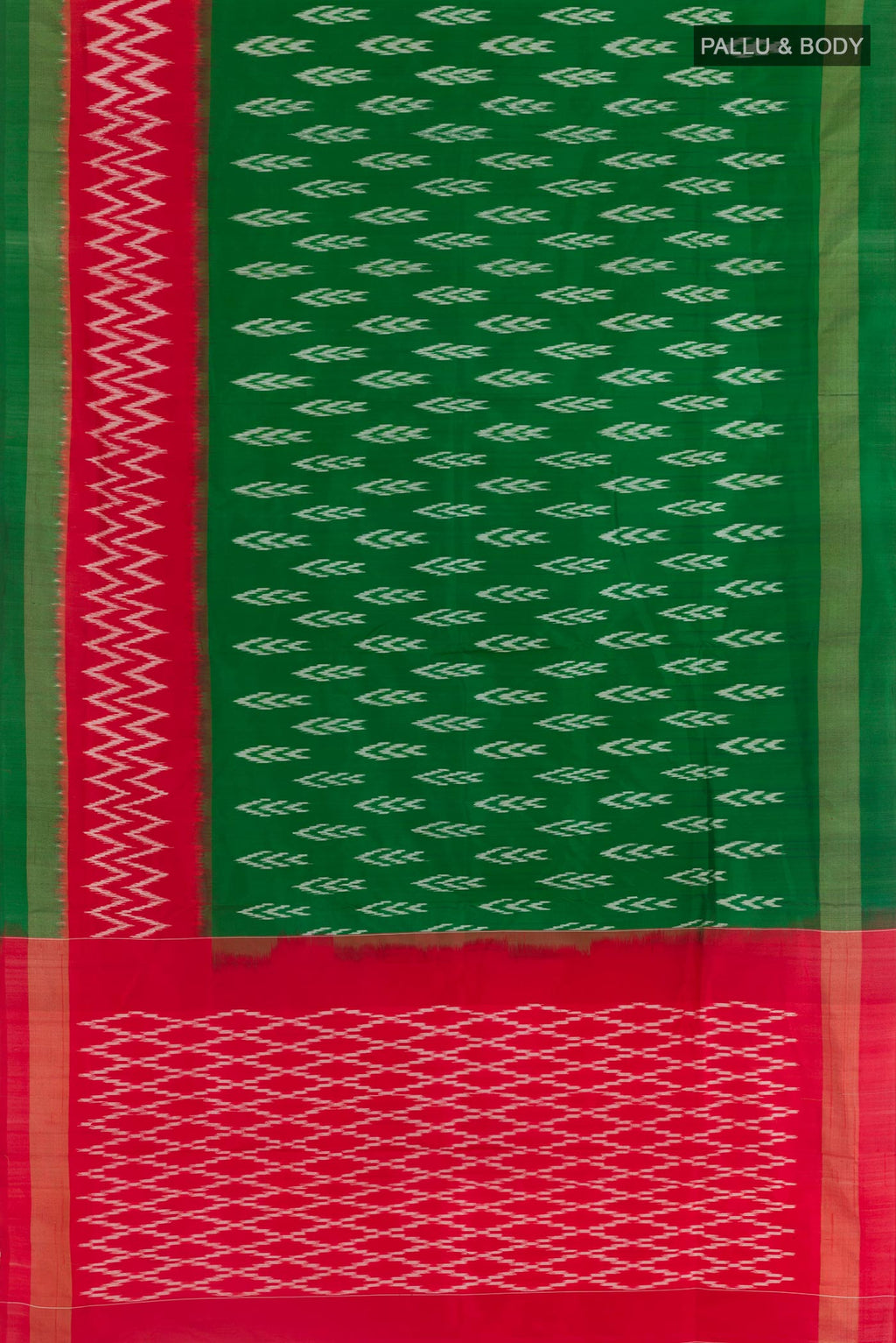 Flat view of Green Pochampally Silk Saree with Pure Ikat on the body and Ikat Border. 