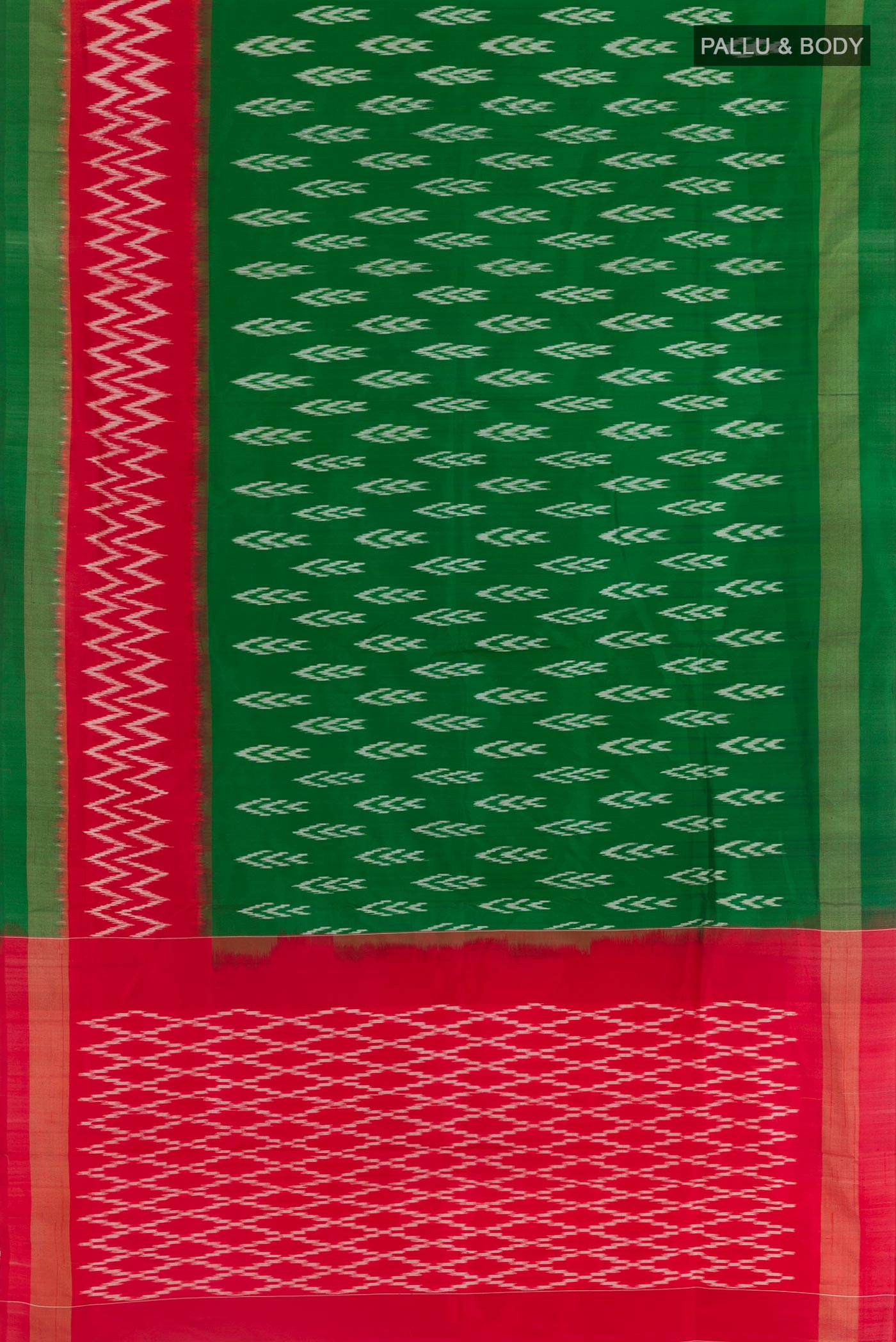Flat view of Green Pochampally Silk Saree with Pure Ikat on the body and Ikat Border. 