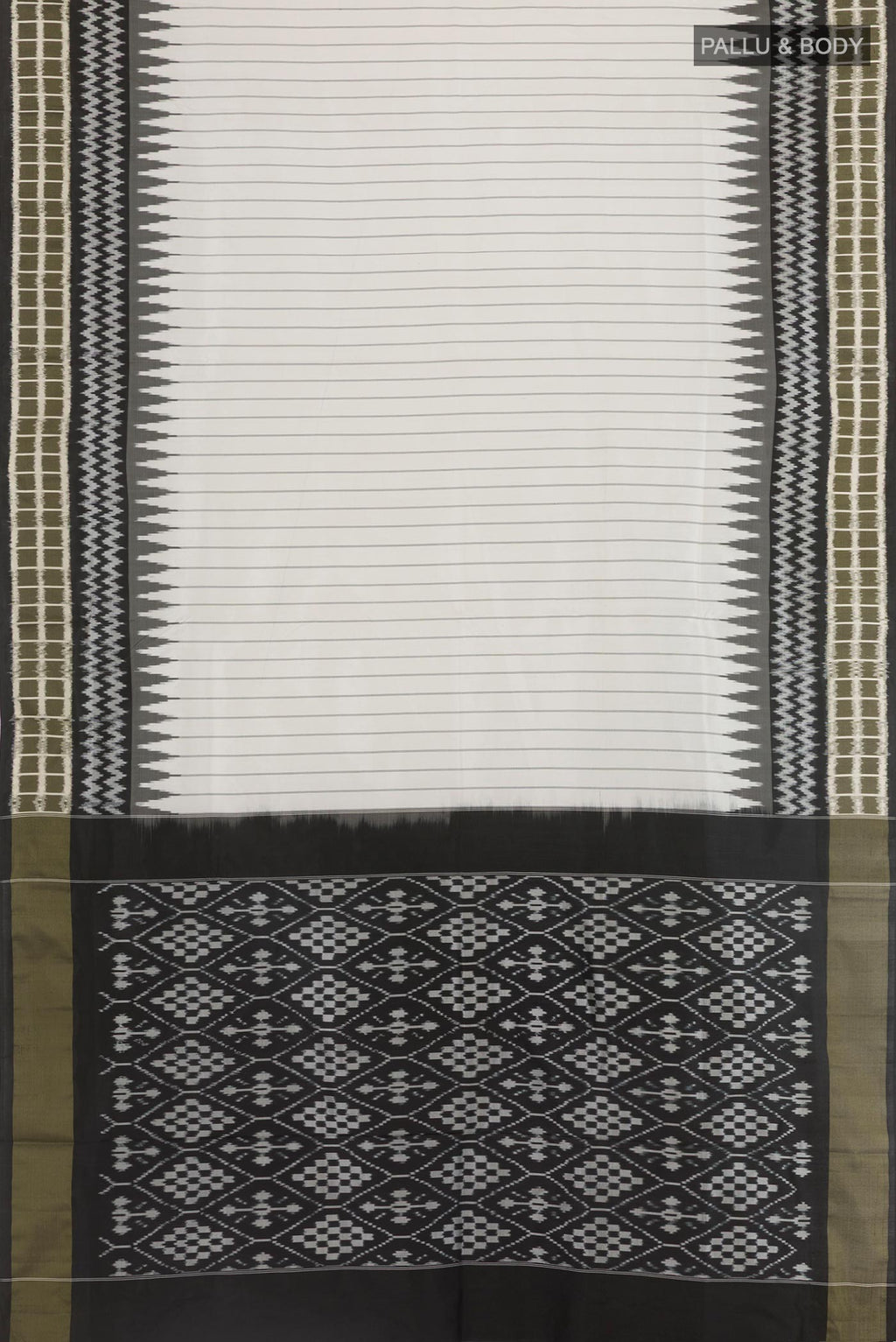 Flat view of Off White Pochampally Silk Saree with Stripes on the body and Ikat Border. 