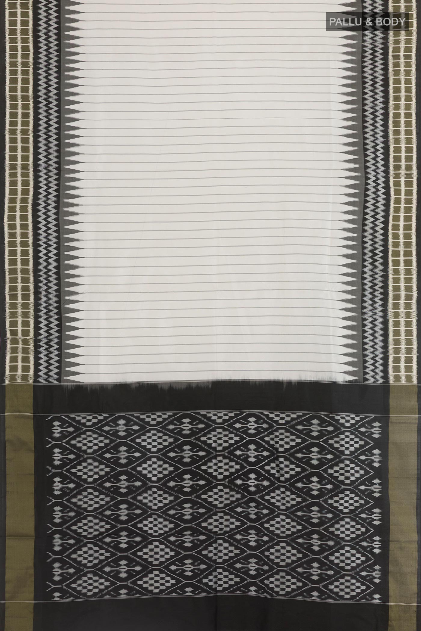 Flat view of Off White Pochampally Silk Saree with Stripes on the body and Ikat Border. 