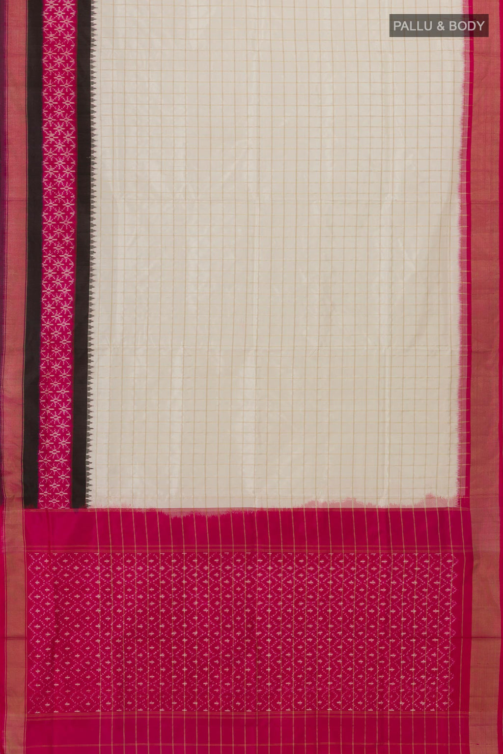 Flat view of Off White Pochampally Silk Saree with Checked design on the body and Zari Border. 