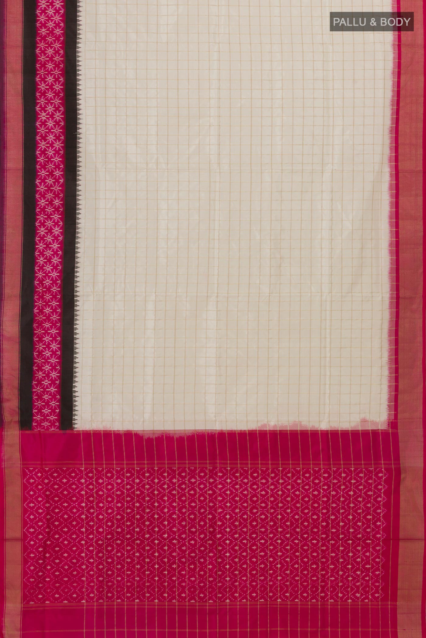 Flat view of Off White Pochampally Silk Saree with Checked design on the body and Zari Border. 