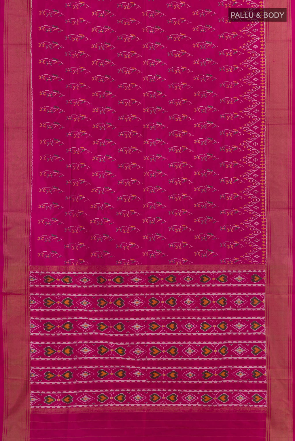 Flat view of Light Magenta Pochampally Silk Saree with Pure Ikat on the body and Zari Border. 