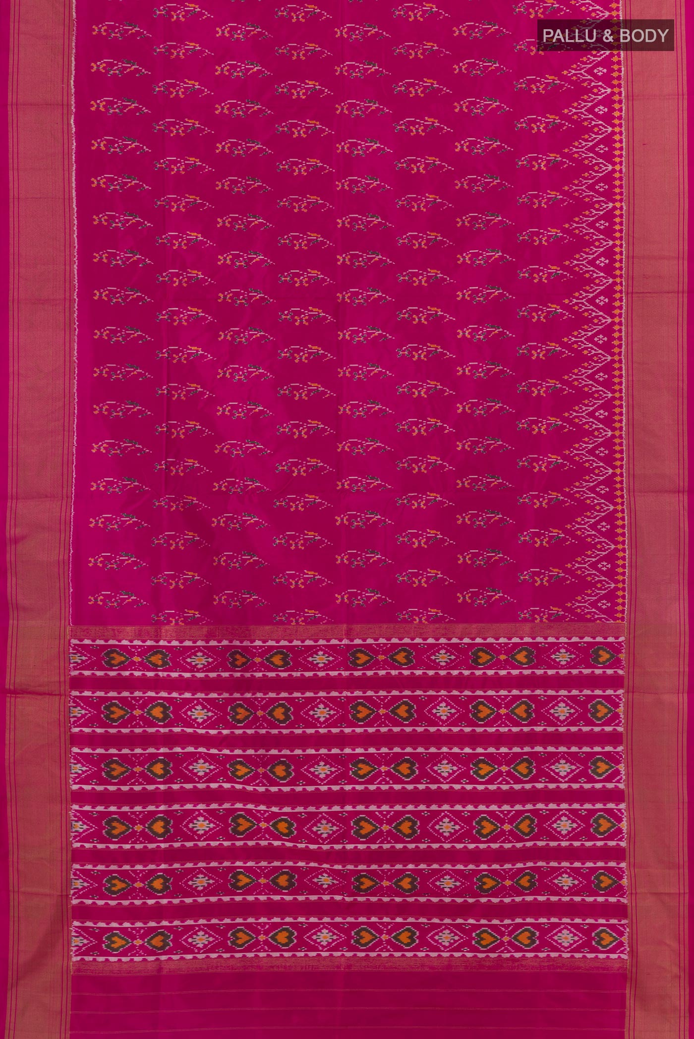 Flat view of Light Magenta Pochampally Silk Saree with Pure Ikat on the body and Zari Border. 