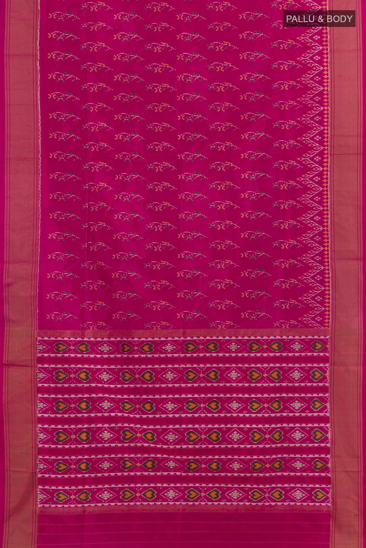 Flat view of Light Magenta Pochampally Silk Saree with Pure Ikat on the body and Zari Border. 