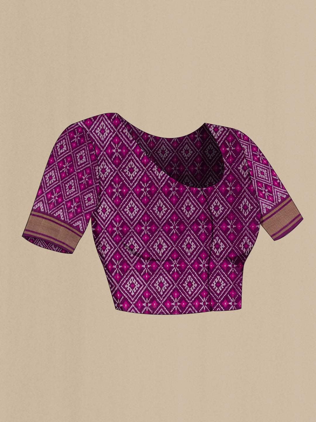 Close up image of the blouse of Mustard Pochampally Silk Saree with Plain Body and Ikat Border. 