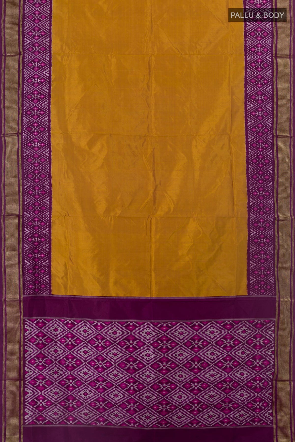 Flat view of Mustard Pochampally Silk Saree with Plain Body and Ikat Border. 