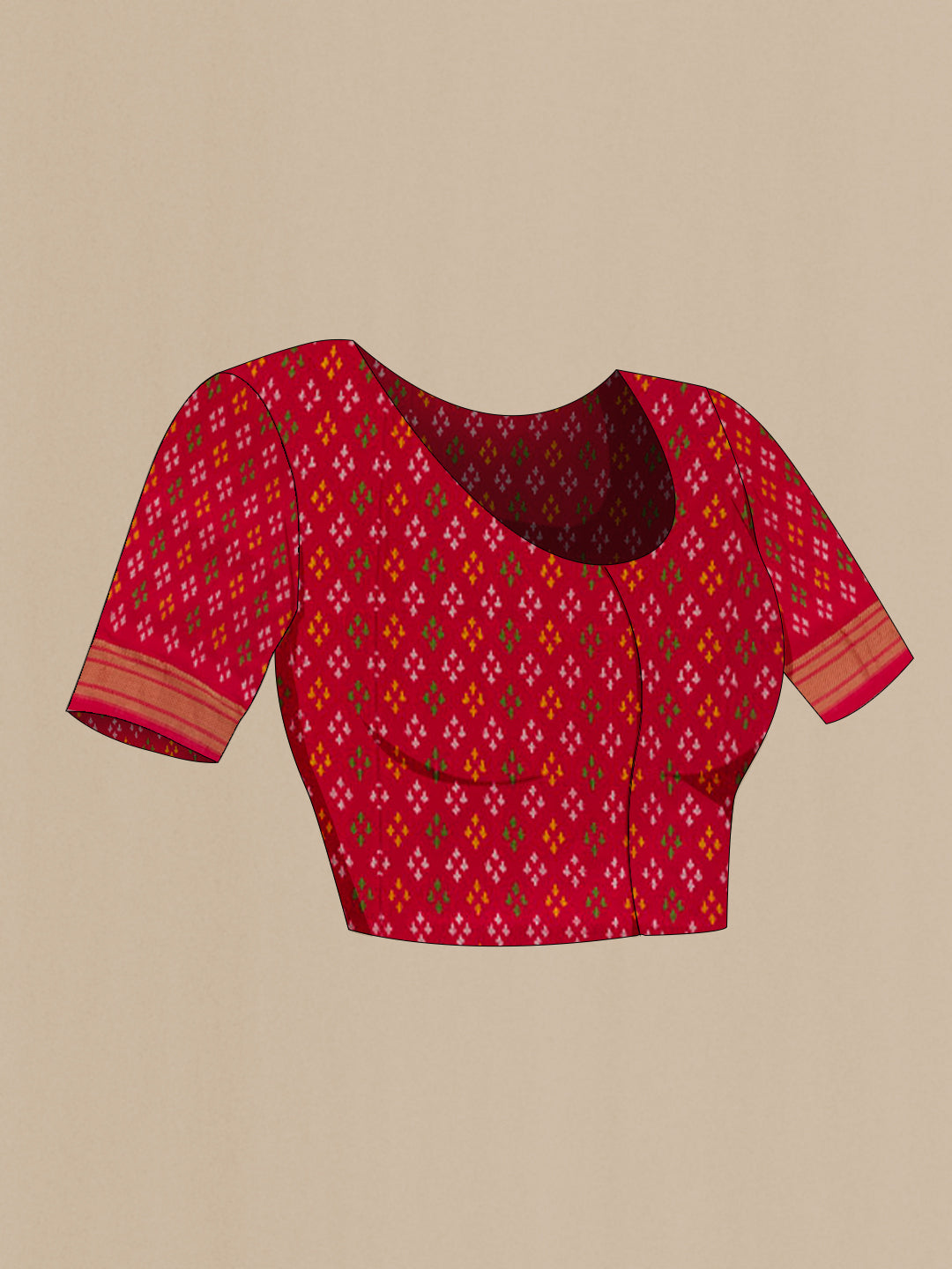 Close up image of the blouse of Red Pochampally Silk Saree with Plain Body and Ikat Border. 