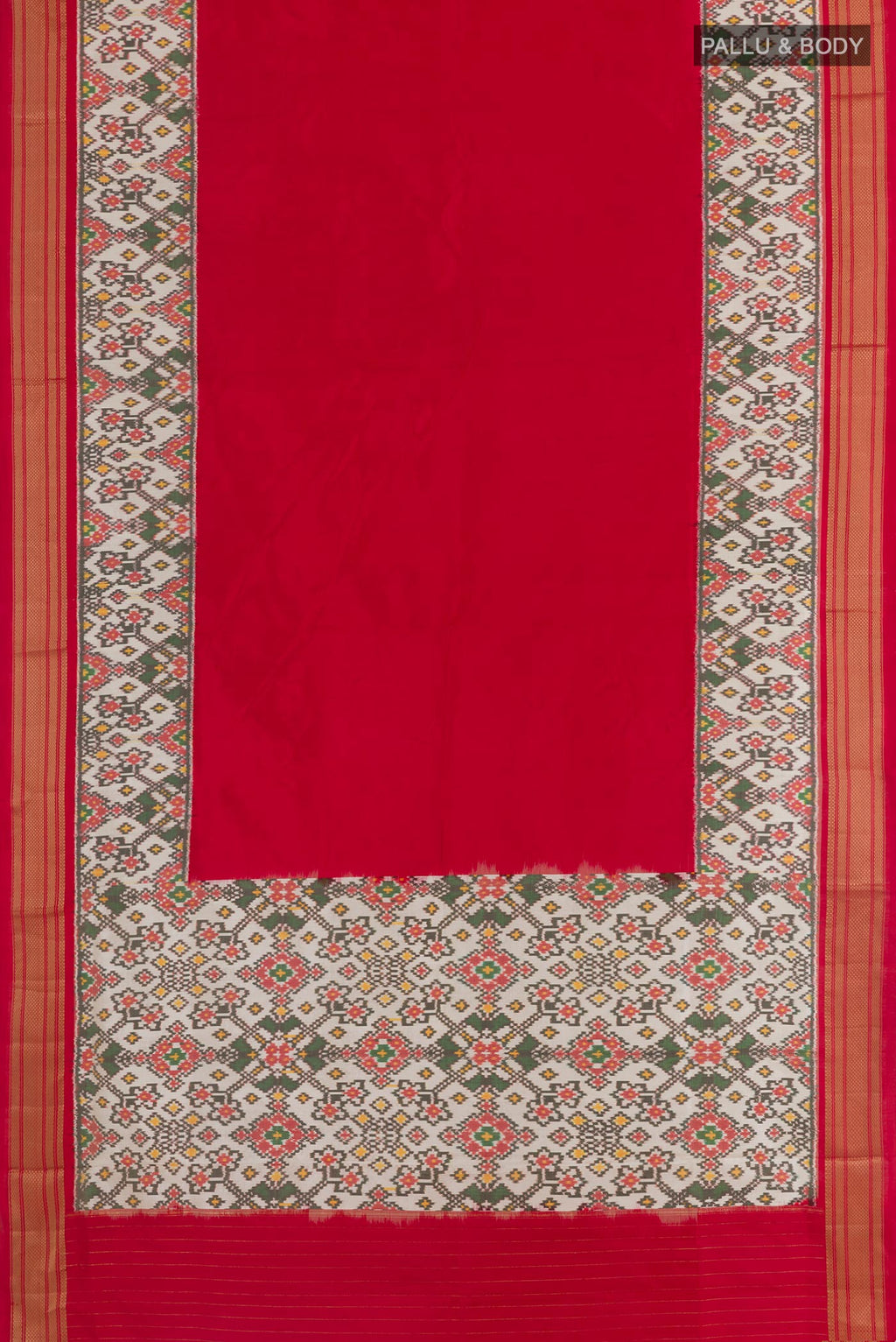 Flat view of Red Pochampally Silk Saree with Plain Body and Ikat Border. 