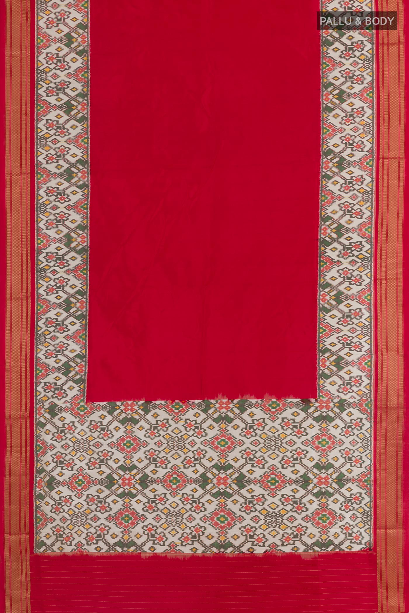 Flat view of Red Pochampally Silk Saree with Plain Body and Ikat Border. 