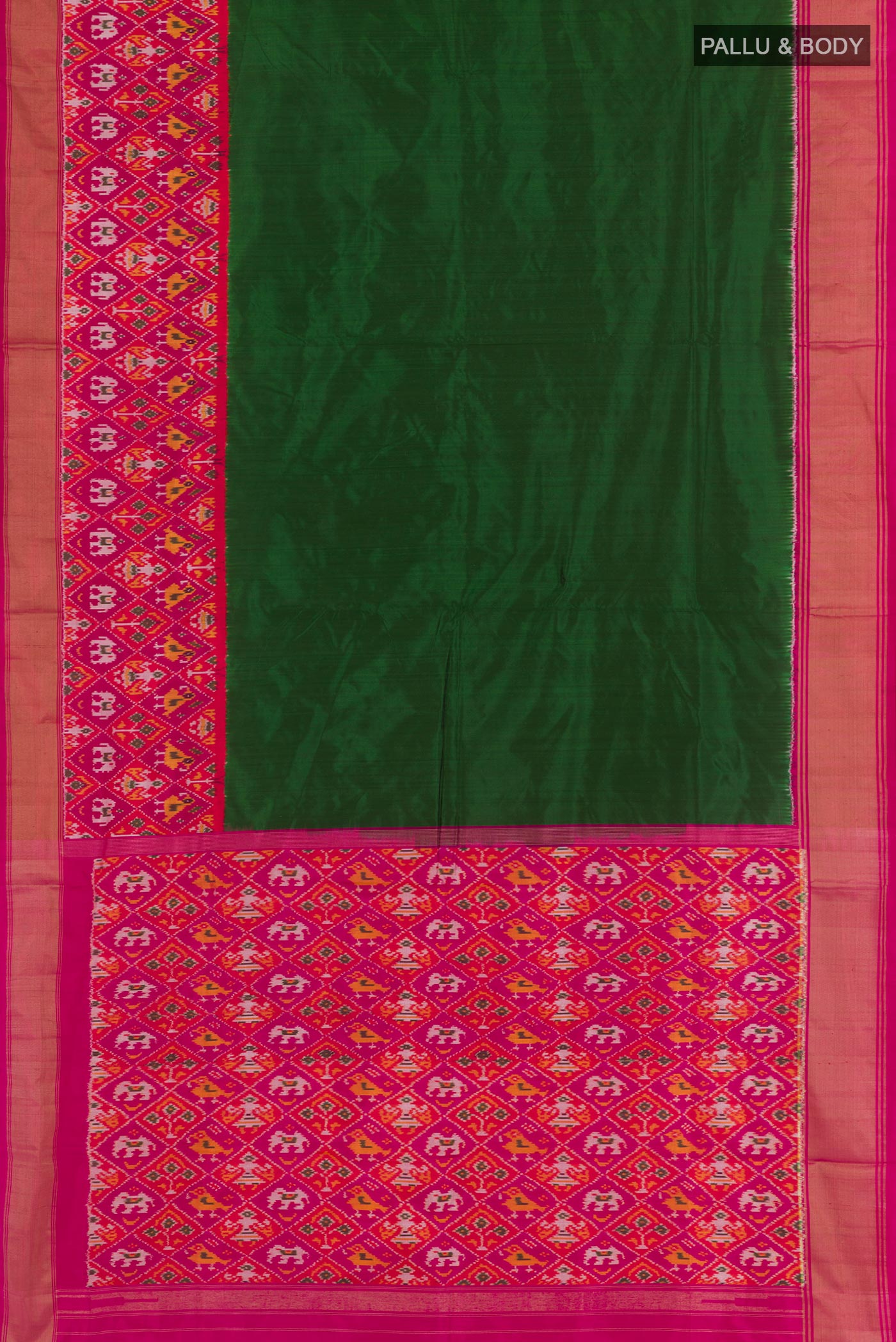 Flat view of Green Pochampally Silk Saree with Plain Body and Ikat Border. 