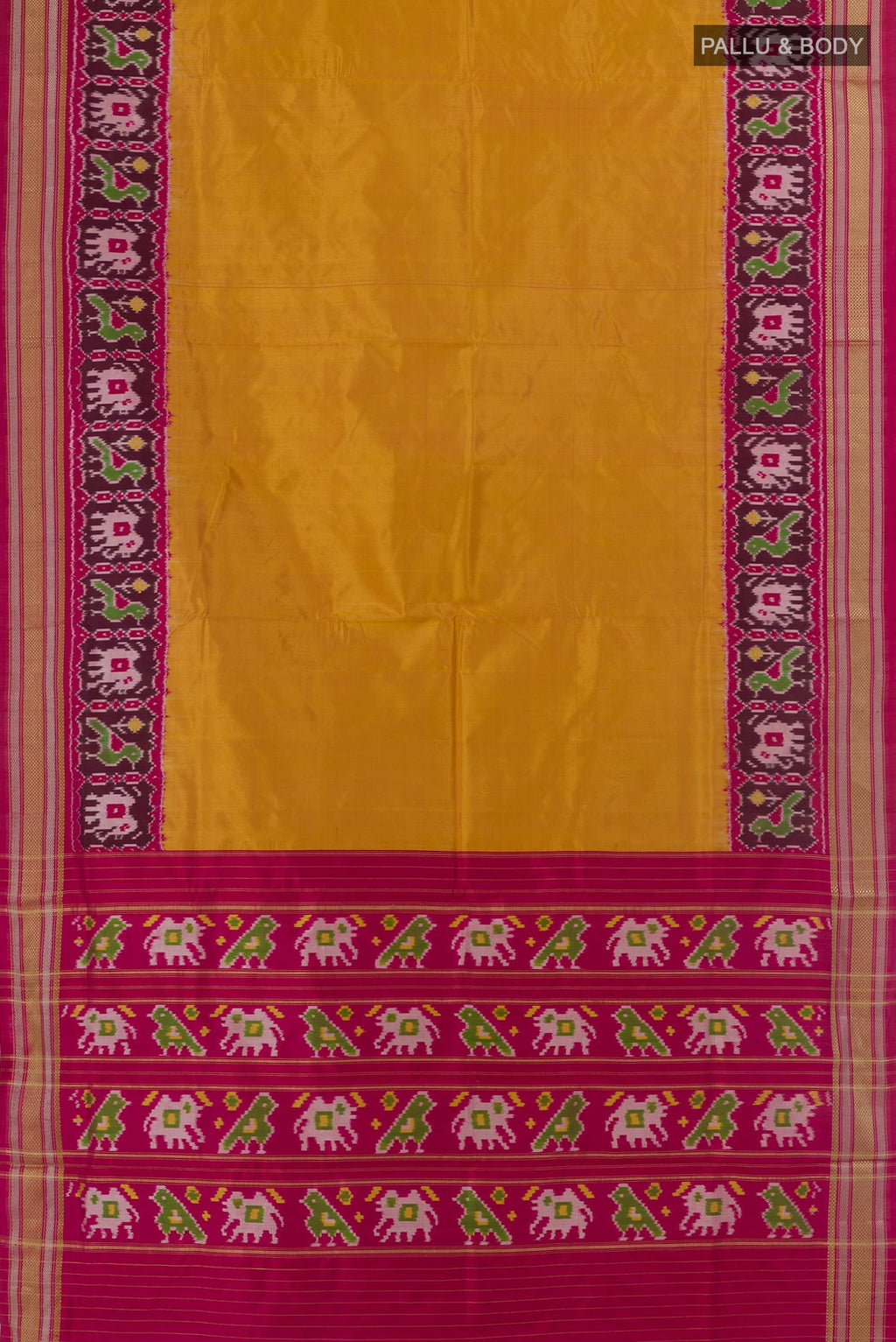Flat view of Mustard Pochampally Silk Saree with Plain Body and Zari Border. 