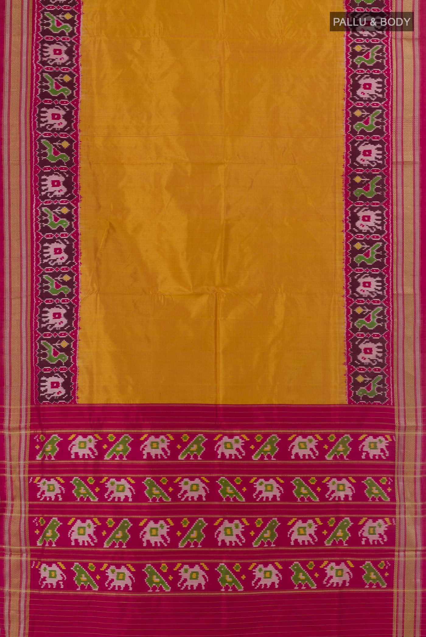 Flat view of Mustard Pochampally Silk Saree with Plain Body and Zari Border. 