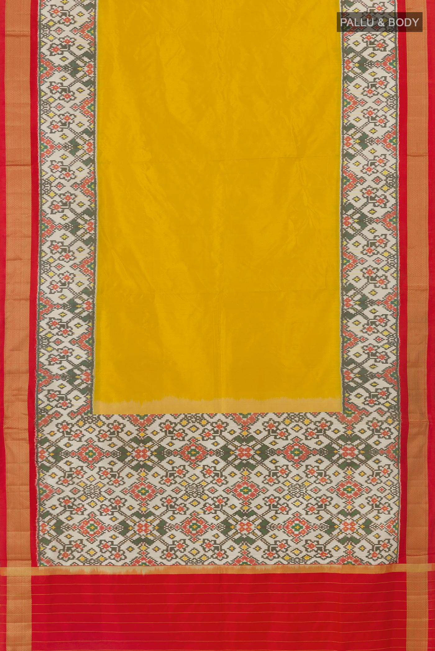 Flat view of Yellow Pochampally Silk Saree with Plain Body and Ikat Border. 