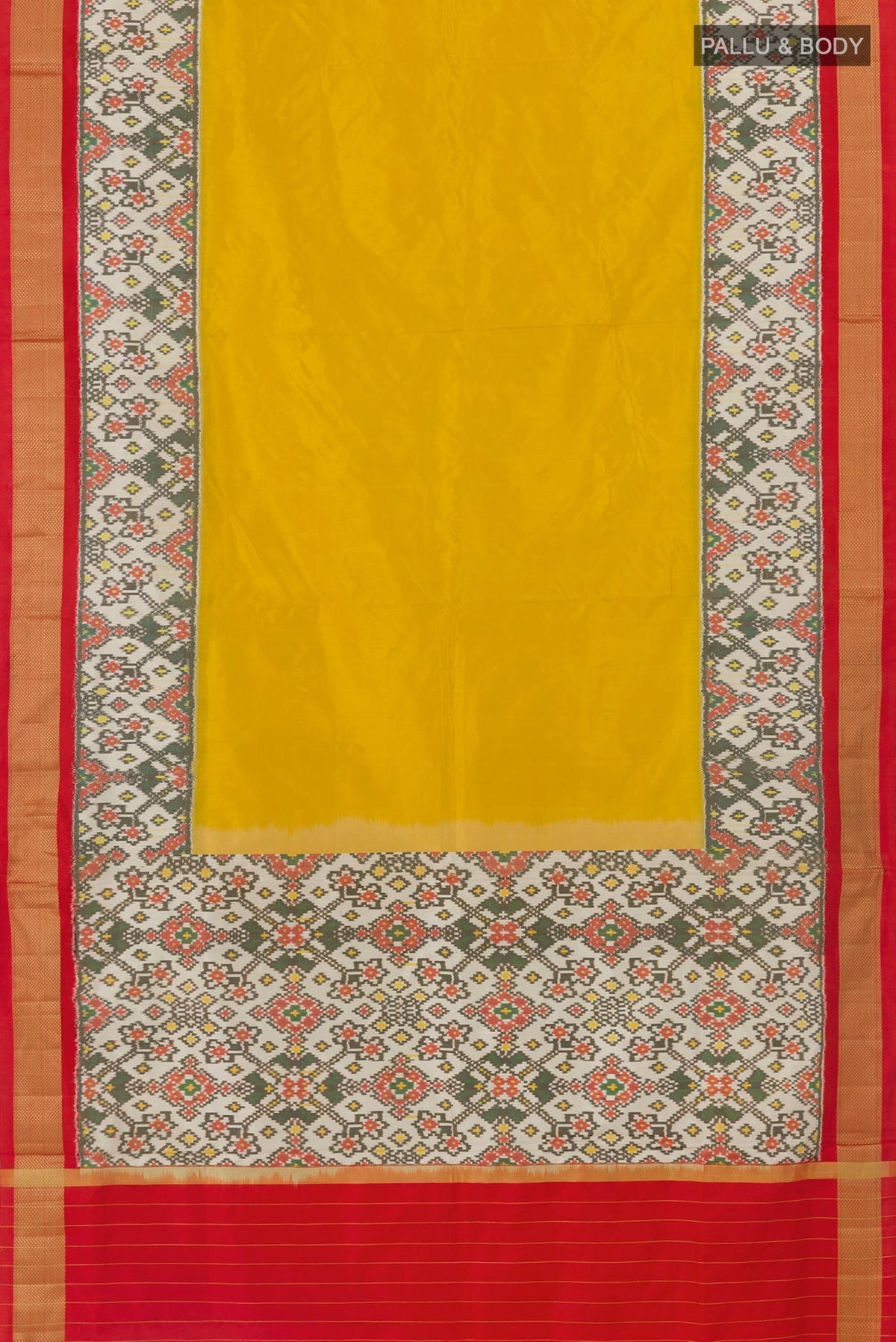Flat view of Yellow Pochampally Silk Saree with Plain Body and Ikat Border. 