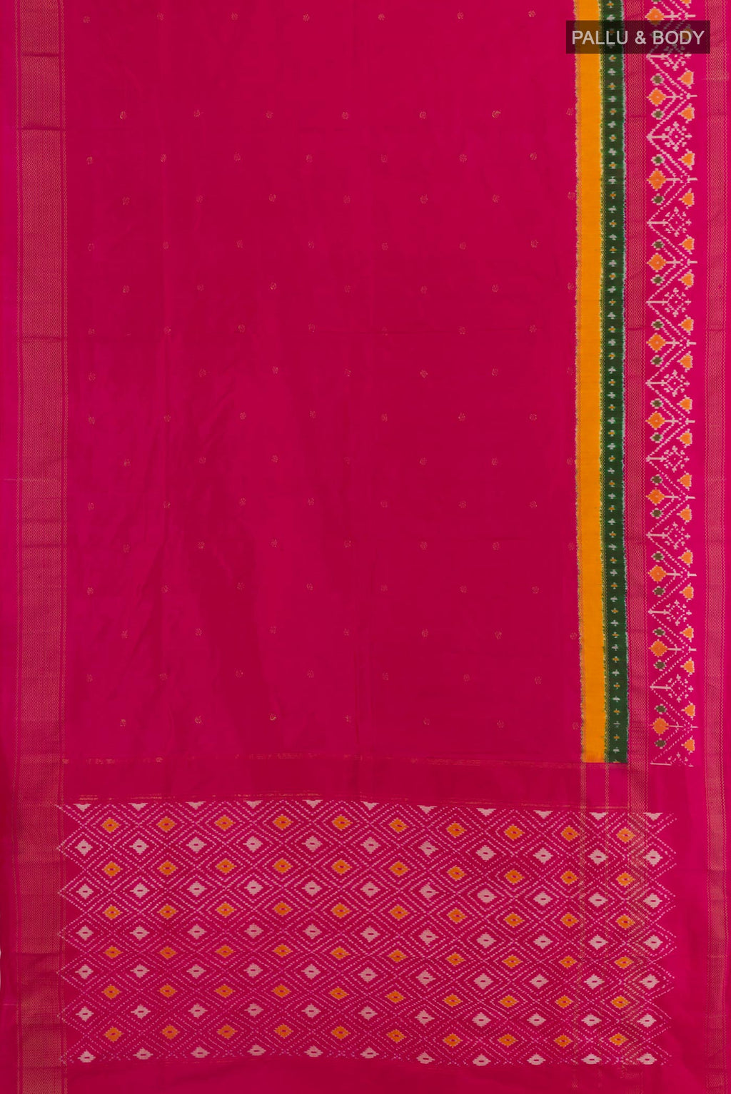 Flat view of Rani Pink Pochampally Silk Saree with Pure Ikat on the body and Zari Border. 