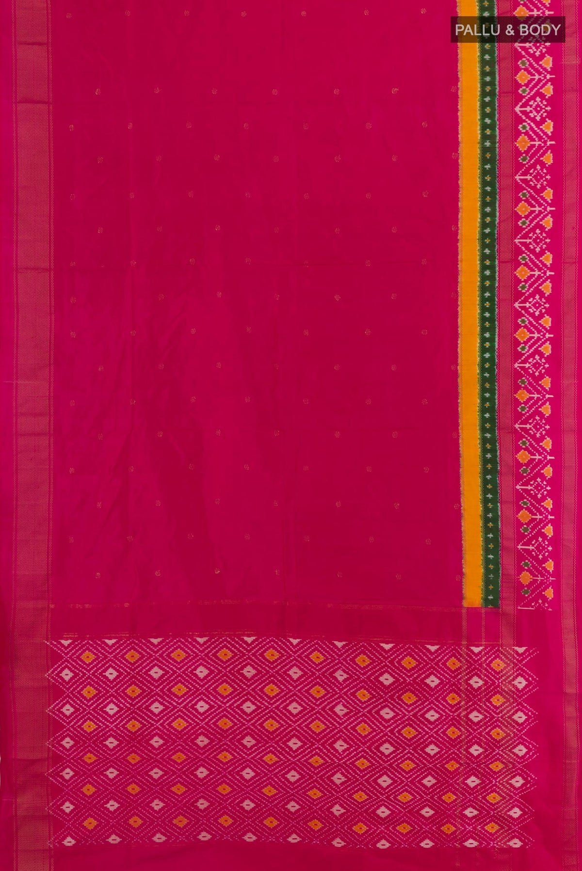 Flat view of Rani Pink Pochampally Silk Saree with Pure Ikat on the body and Zari Border. 