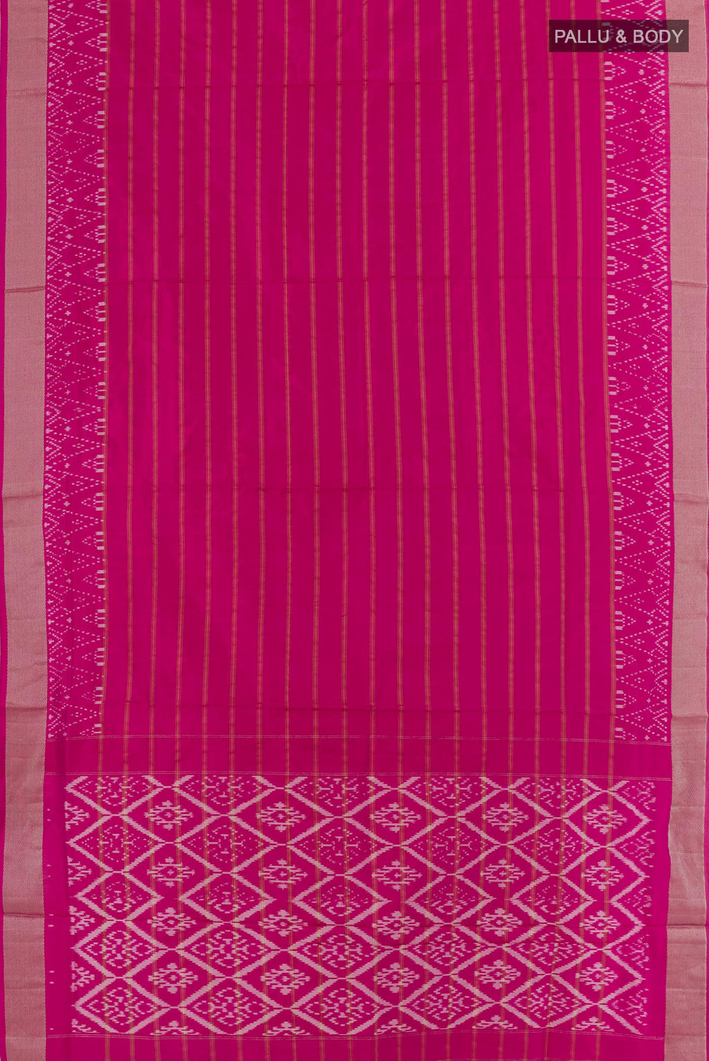 Flat view of Light Magenta Pochampally Silk Saree with Stripes on the body and Zari Border. 