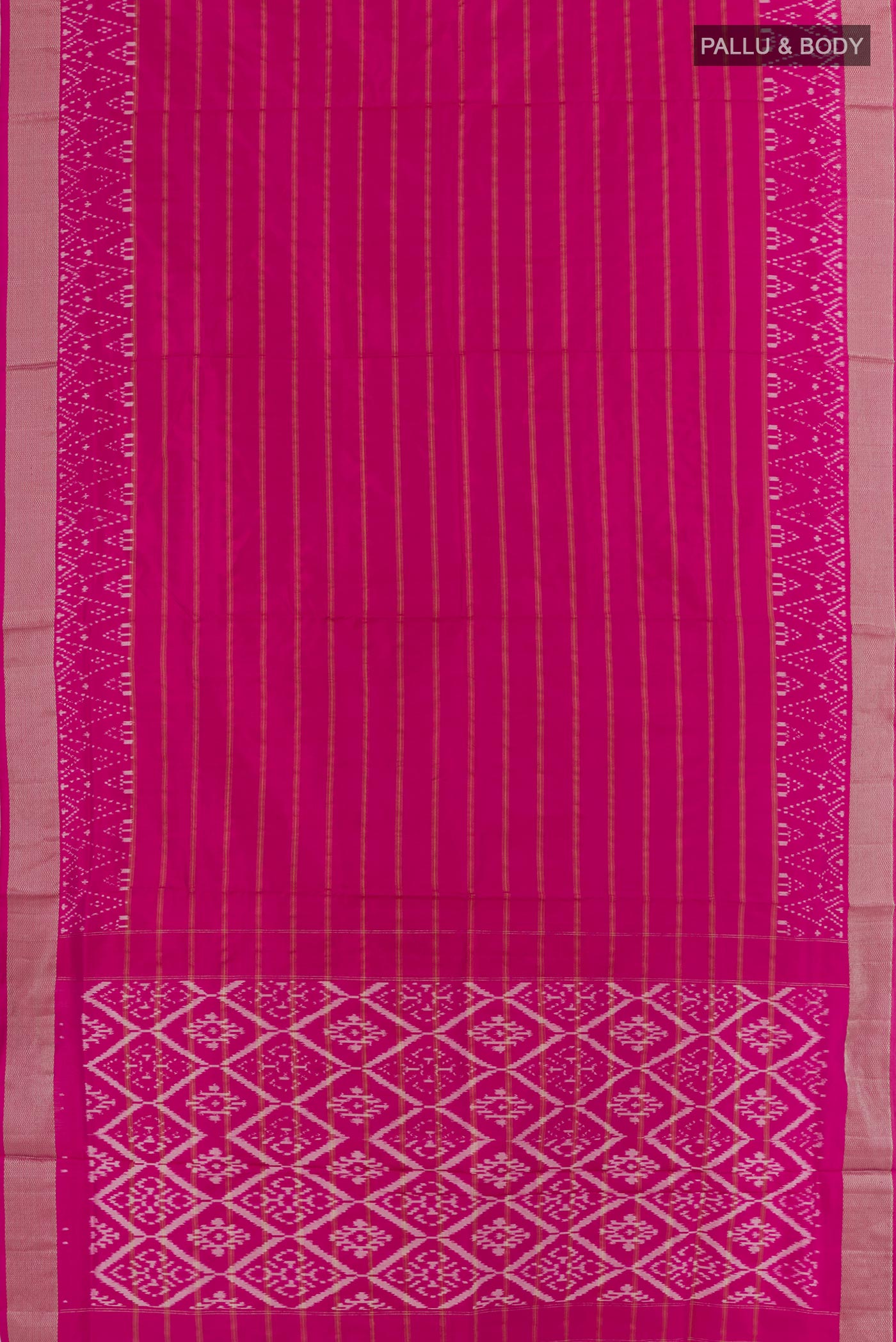 Flat view of Light Magenta Pochampally Silk Saree with Stripes on the body and Zari Border. 